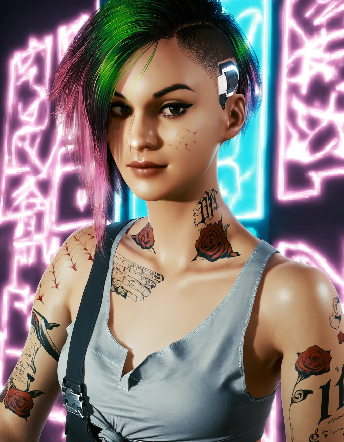 judy alvarez, 1girl, solo, tattoo, short hair, multicolored hair, green hair, looking at viewer, realistic, undercut, pink hair, two-tone hair, makeup, asymmetrical hair, eye makeup, brown eyes, arm tattoo,  <lora:Judy-Alvarez-Pony:0.9>
BREAK
level_9, level_8_up, level_7_up, level_6_up, level_5_up, source_cartoon, masterpiece 
BREAK
small breasts, indoor, neon lights,