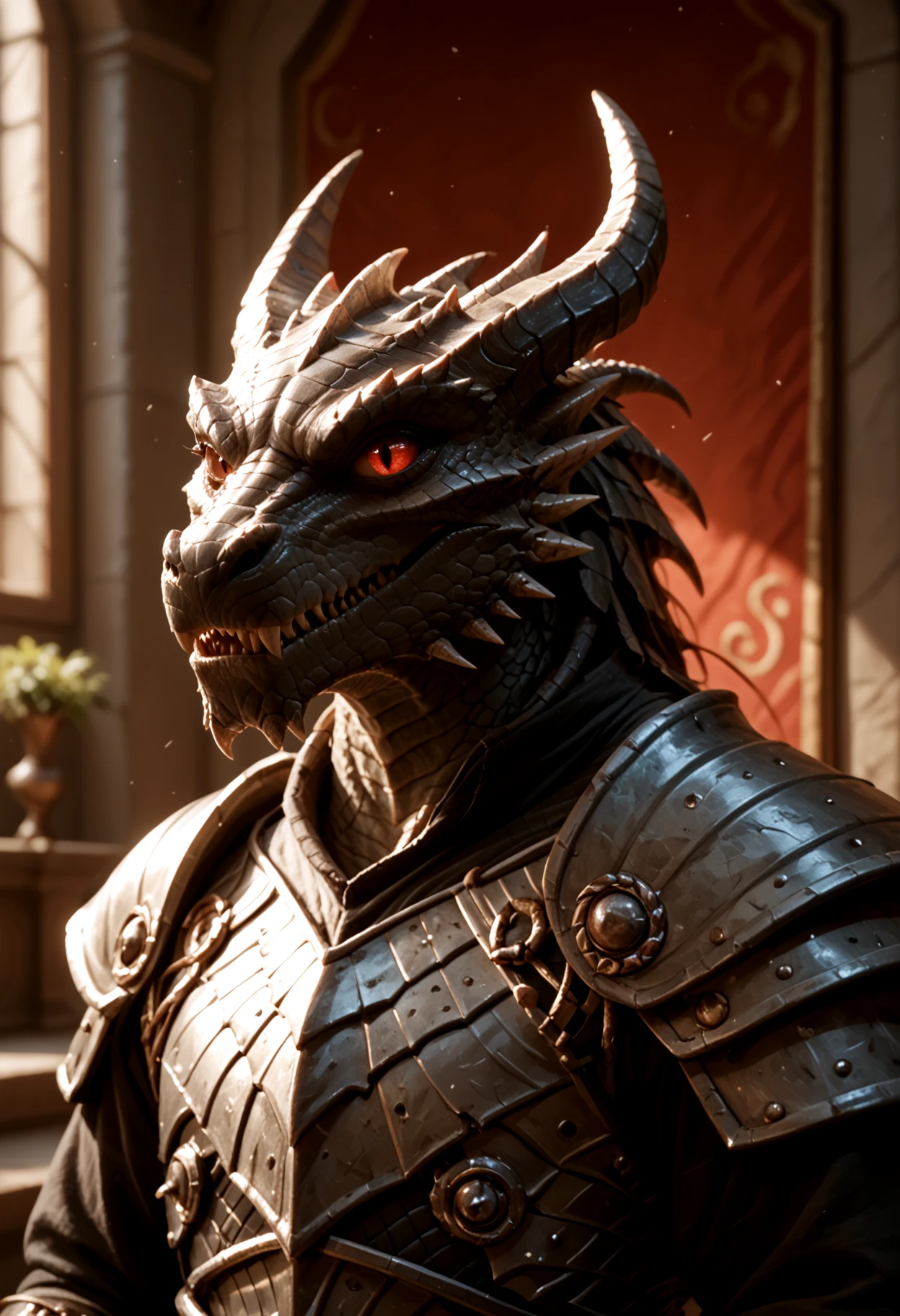 kftenhance, safe_pos, score_9, score_8_up, score_7_up, upper body, score_9, score_8_up, score_7_up, solo, Dragonborn, furry dragon, red eyes, black scales, metallic shine, Throne room background, dark, dark clothes, lawful neutral alignment, dungeons and dragons character, highly detailed, dnd, cowboy shot, evil, evil grin, <lora:KFT_FSSE_V6.3-000005:0.6>