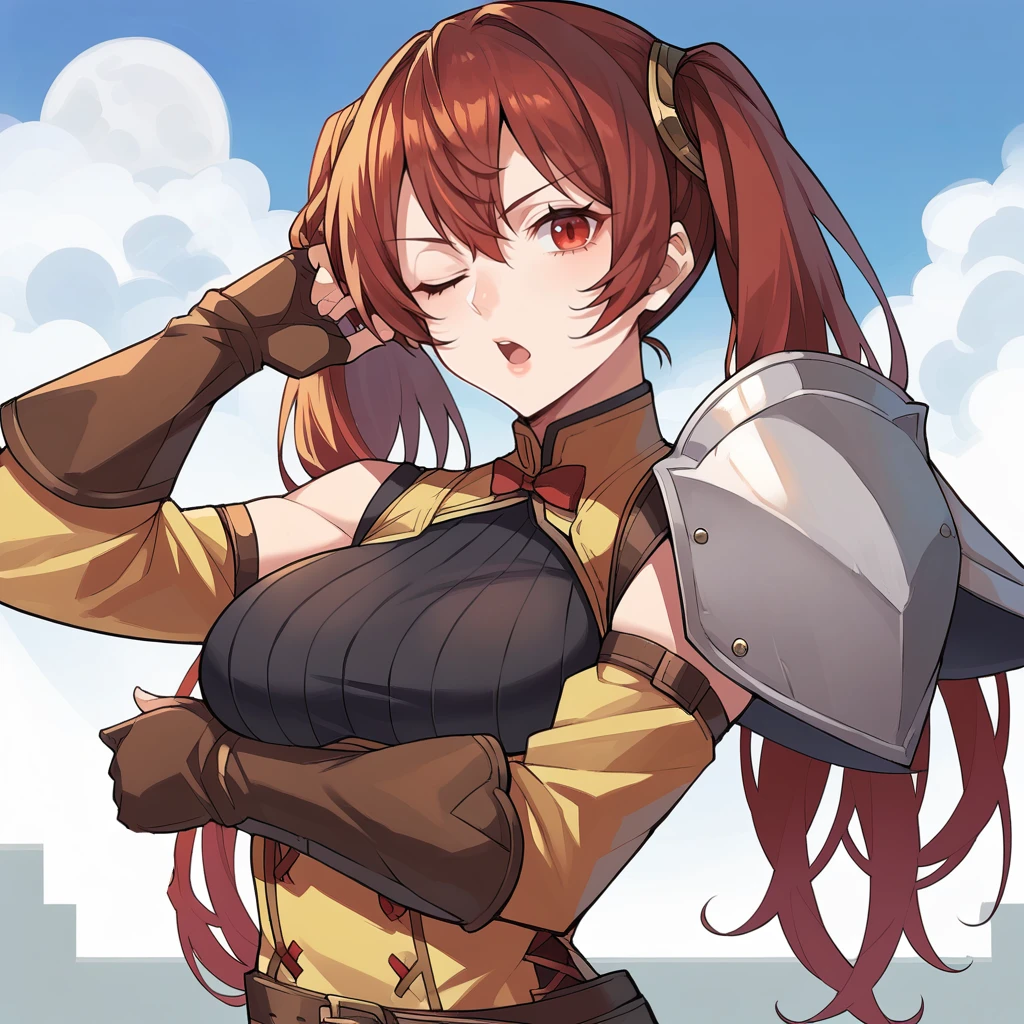 score_9_up, score_8_up, score_7_up, source_anime, 1girl, solo, sun light, clouds, sky, standing, arrgoant, open mouth, looking at you, arm under breasts, hand in hair, one eye closed, angled shot, upper body, face focus, Severa, red hair, long hair, red eyes, twintails, armor, single pauldron, detached sleeves, red bow, bowtie, shoulder armor, armored boots, knee boots, cross-laced clothes, double-breasted, dress, short dress, ribbed shirt, black shirt, sleeveless, fingerless gloves, clothing cutout, brown gloves, two-tone sleeves, yellow dress, brown belt, leggings, black leggings, mature body, dynamic cowboy shot, 