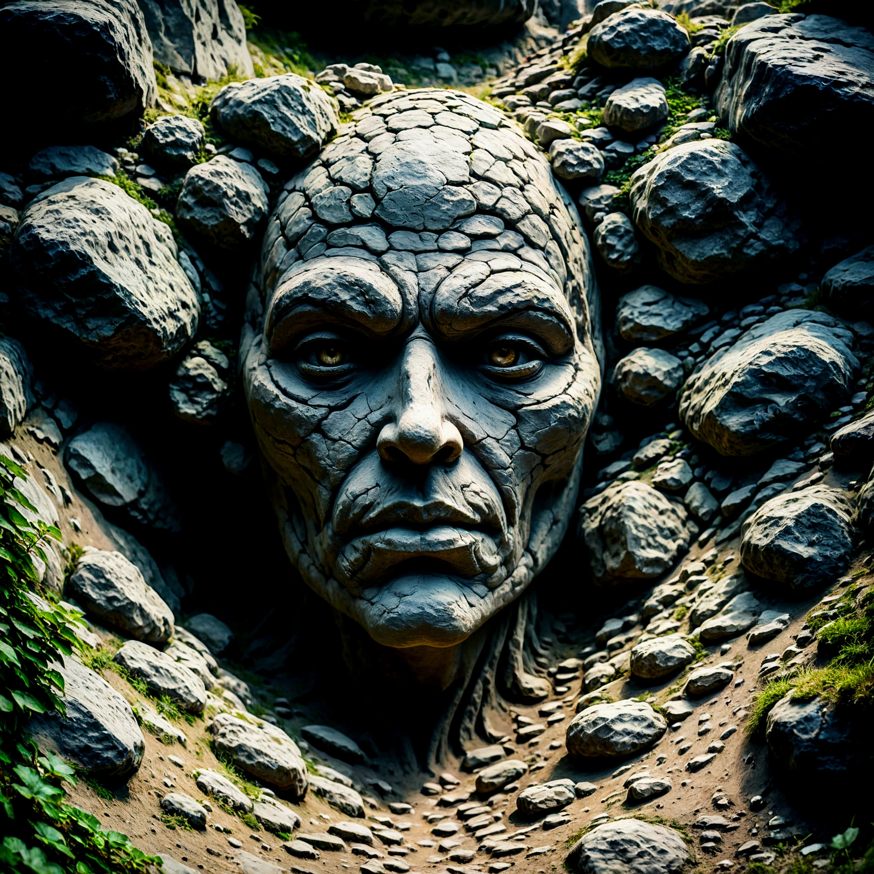 Rock face on the face of a mountain. Stone carving. Rustic. 

<lora:Nightmare01a_CE_SDXL_64x32x220x2bOT:0.8> nghtmrCE_Style