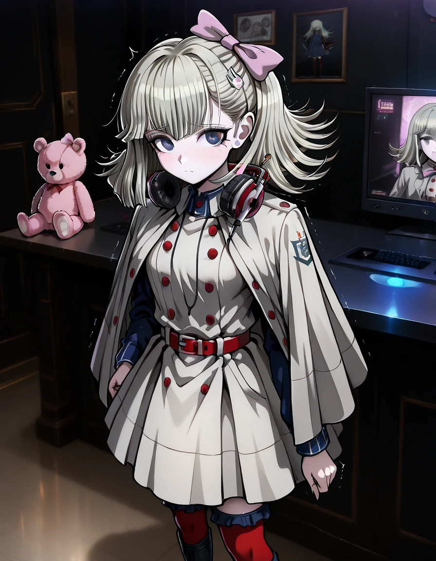 (((solo))),  closed mouth, masterpiece, best quality, good quality, newest, <lora:Pucci_Lavmin_Illustrious:1>,  masterpiece, best quality, In the art style of Rui Komatsuzaki, artist: Rui Komatsuzaki, The image is in danganronpa sprite style. . Pucci Lavmin wearing a beige double breasted cape coat with red buttons and a red belt, red thigh high socks, and black boots. She has short, layered blond hair tied back with a pink bow and a bunny ear hair clip on the left side of her head. She has red headphones.  Pucci Lavmin stands frozen in the doorway of a bustling karaoke bar, her face displaying comic terror at the cacophony of off-key singing. Her pink teddy bear is held up as a shield, and she's already backing away while fumbling for her headphones. Colorful sound waves visible only to her are shown as harsh, jagged lines in the air.