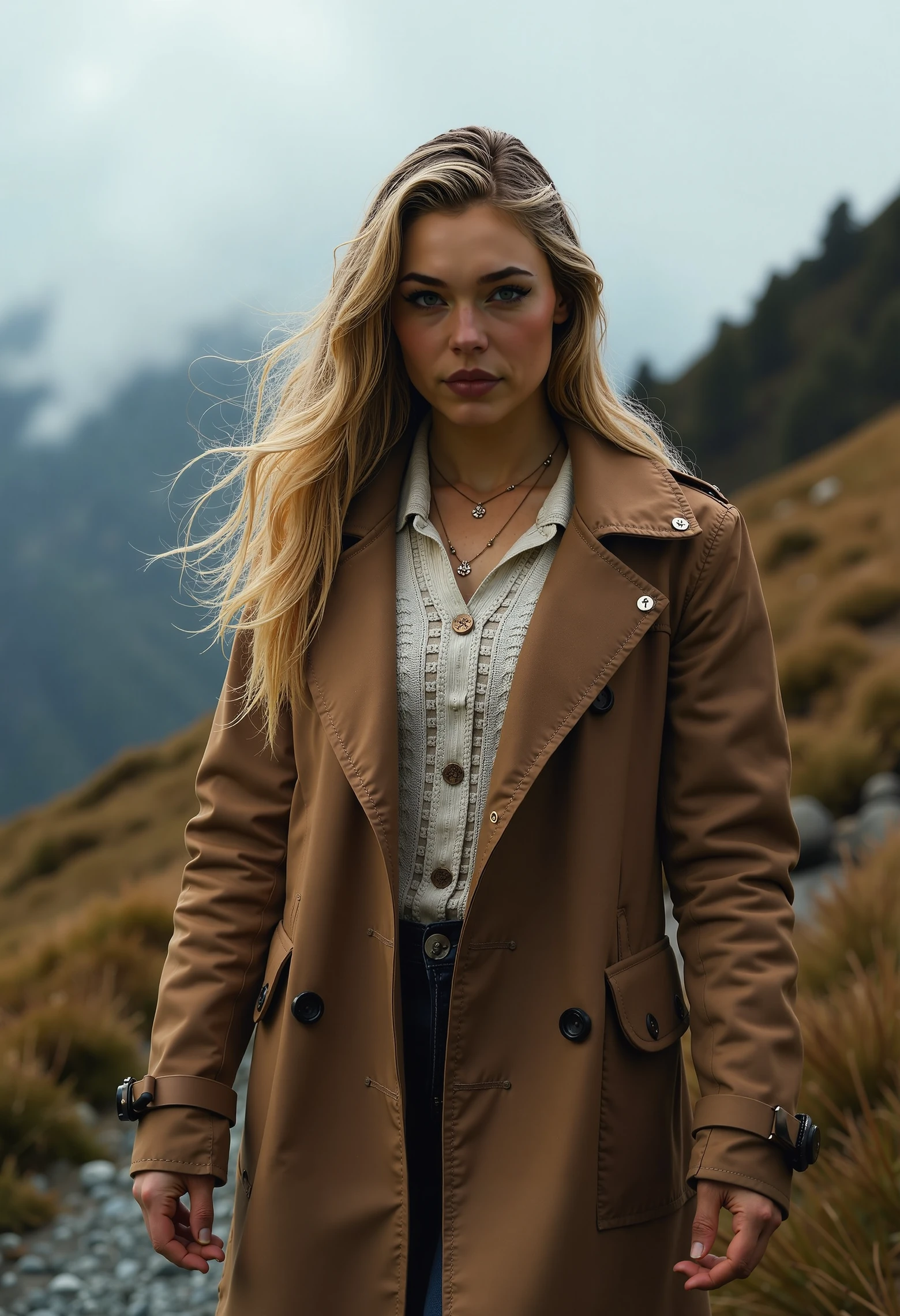 Jutta Leerdam, a woman walking on a misty mountain path, wearing a warm coat, wind blowing through her hair, soft ambient light, detailed textures on clothing, dramatic clouds in the distance, high detail, HDR, cinematic atmosphere, 8k resolution, sharp focus, photorealistic