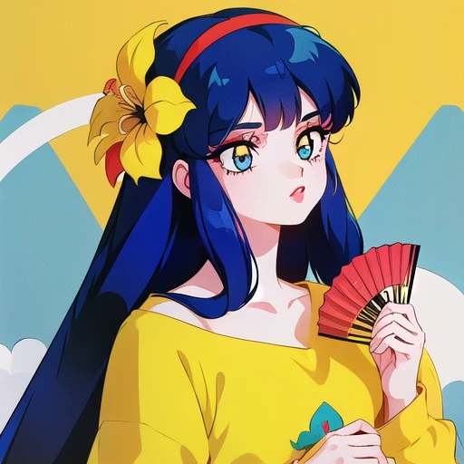 1girl, blue hair, flower, folding fan, hair ornament, hairband, hand fan, holding, holding fan, long hair, long sleeves, makeup, retro artstyle, solo, upper body,yellow flower,red bandâââ,  <lora:ranmake-000001:1>