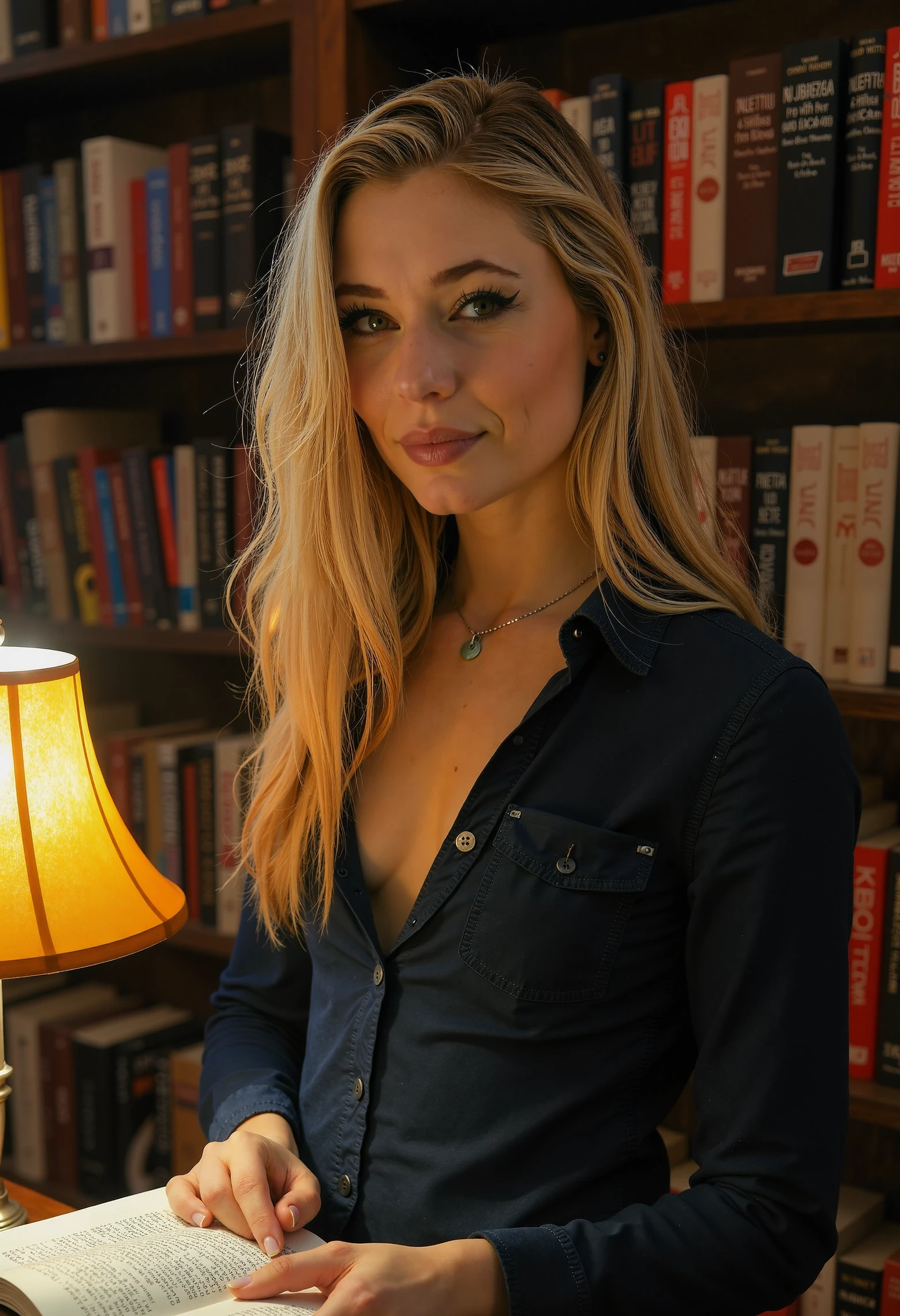 Jutta Leerdam, a woman in a cozy library, surrounded by shelves of books, warm light from a reading lamp, focused expression