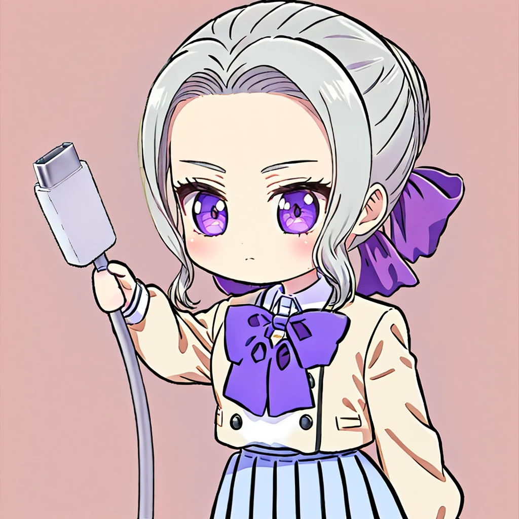 <lora:Meme_holding_charging_cable:0.9>,   chibi, holding charging cable,  <lora:ShinoV1.4:0.7>,shino, 1girl, solo, purple eyes, skirt,  long sleeves, ribbon, school uniform,  pleated skirt, hair ribbon, blue skirt, closed mouth, ascot, shirt, purple ribbon, jacket, white hair, simple background,  holding,