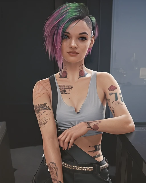 (masterpiece:1.2),(best quality:1.2),(high resolution:1.2) CyberJudy, 1girl, solo, looking at viewer, short hair, asymmetrical hair, undercut, pants, tattoo, tank top, arm tattoo, multicolored hair, pink hair beautiful, cute, delicate, artgerm, artstation, by W, <lora:Judy_Alvarez_SD15:0.7>