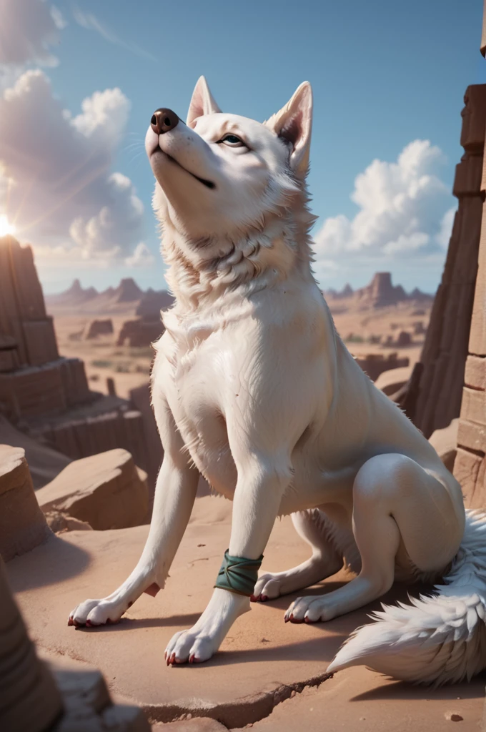 source_furry, score_9, score_8_up, score_7_up, (pryna_xv, dog, feral), white fur, detailed fur, furry, fluffy, blue eyes, detailed eyes, paws, tail, green bandage, <lora:FF_Pryna08:0.8>, outdoors, desert, sitting, ruins in background, look up, looking up, sky, cloudy, side view, zPDXL2, zPDXLpg, zPDXLrl, shaded, best quality, highly detailed, extreme detail, photorealistic