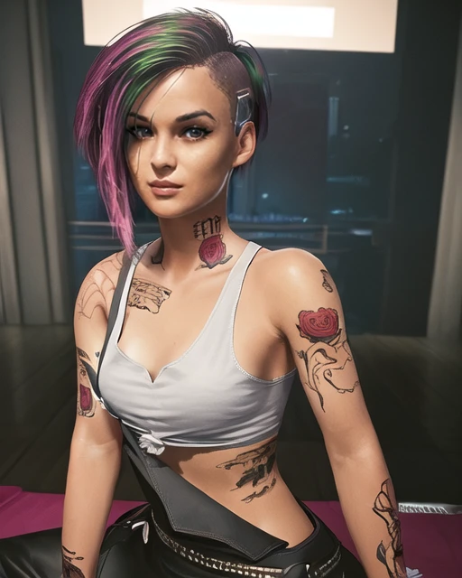 (masterpiece:1.2),(best quality:1.2),(high resolution:1.2) CyberJudy, 1girl, solo, looking at viewer, short hair, asymmetrical hair, undercut, pants, tattoo, tank top, arm tattoo, multicolored hair, pink hair beautiful, cute, delicate, artgerm, artstation, by W, <lora:Judy_Alvarez_SD15:0.7>