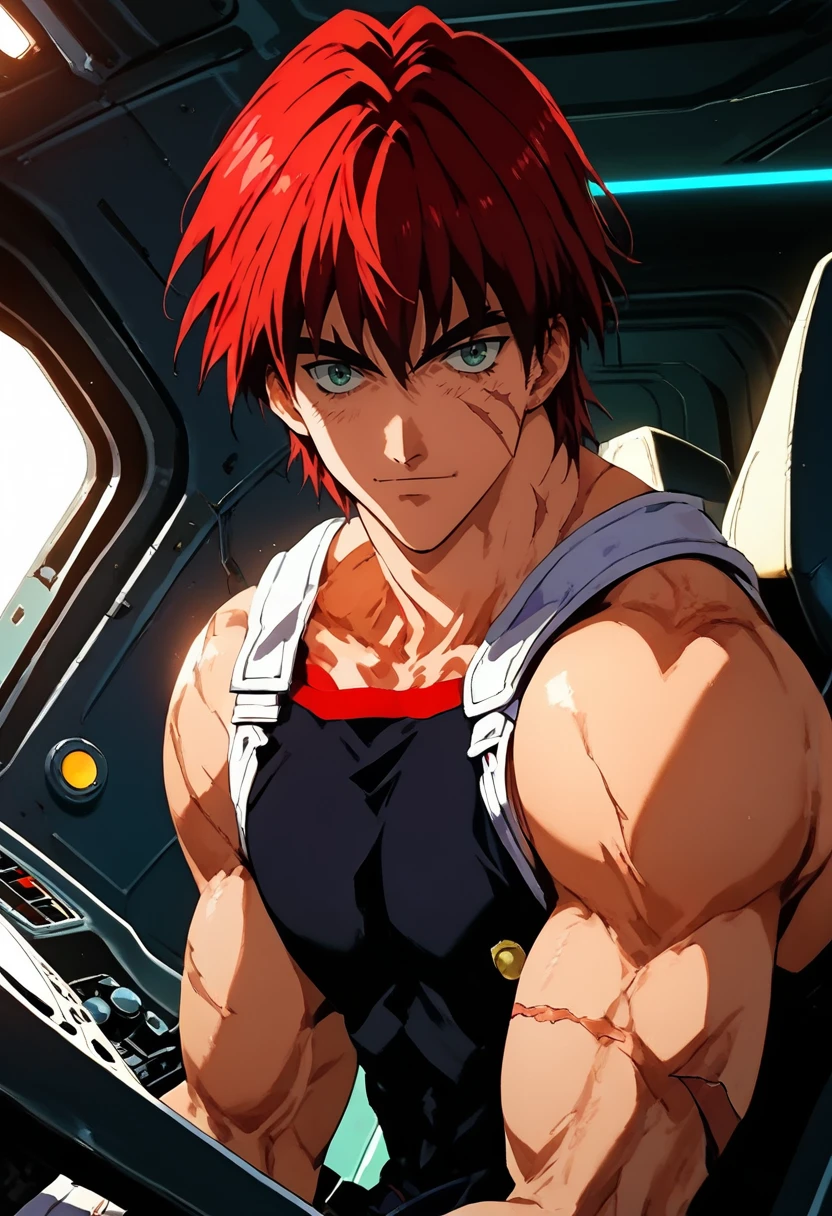 (masterpiece), (best quality), score_9, score_8_up, score_7_up, (masterpiece:1.2), (best quality:1.3), 1boy <lora:Gene_Starwind_Outlaw_Star:0.7> gstar_ostr, red hair, scar, looking at viewer, portrait, muscular, shoulder star, cockpit background, 1990s \(style\), masterful composition, dynamic movement, ray_tracing, global illumination, glow, low light, dark, dim, cinematic lighting, high contrast, rim lighting