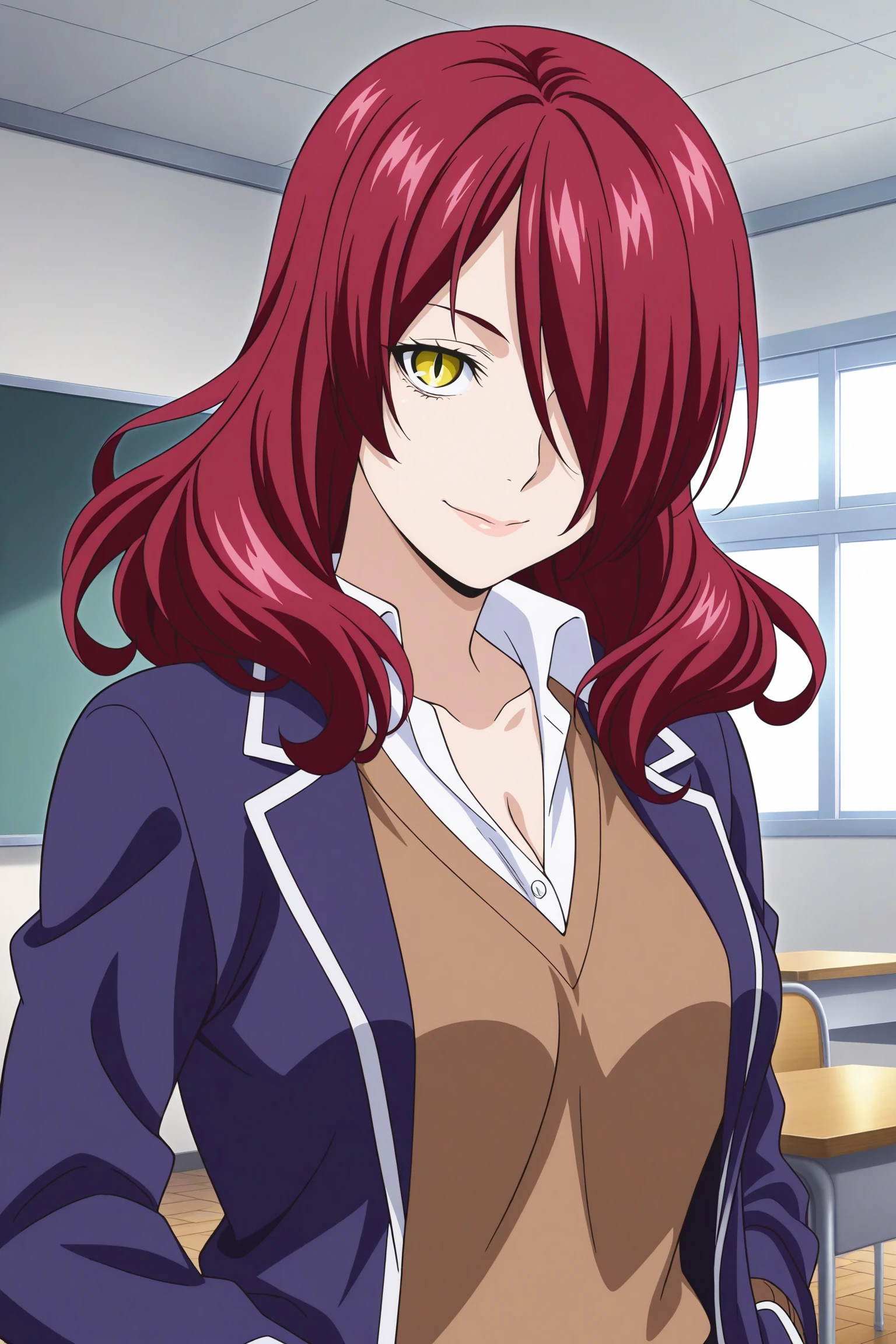 1girl, looking at viewer, indoors, classroom, masterpiece, best quality, amazing quality, highres, absurdres, very aesthetic, high resolution, ultra detailed, perfect details, smile, medium breasts, kobayashi rindou, long hair, red hair, wavy hair, yellow eyes, hair over one eye, slit pupils, school uniform, long sleeves, sleeves past wrists, blazer, blue jacket, white shirt, collared shirt, brown sweater, brown skirt, plaid skirt, pleated skirt, black kneehighs, loafers, <lora:Rindou_Kobayashi_ILXL:0.8>, (mature female:1.1), (upper body:1.2), (official_wallpaper:1.5)