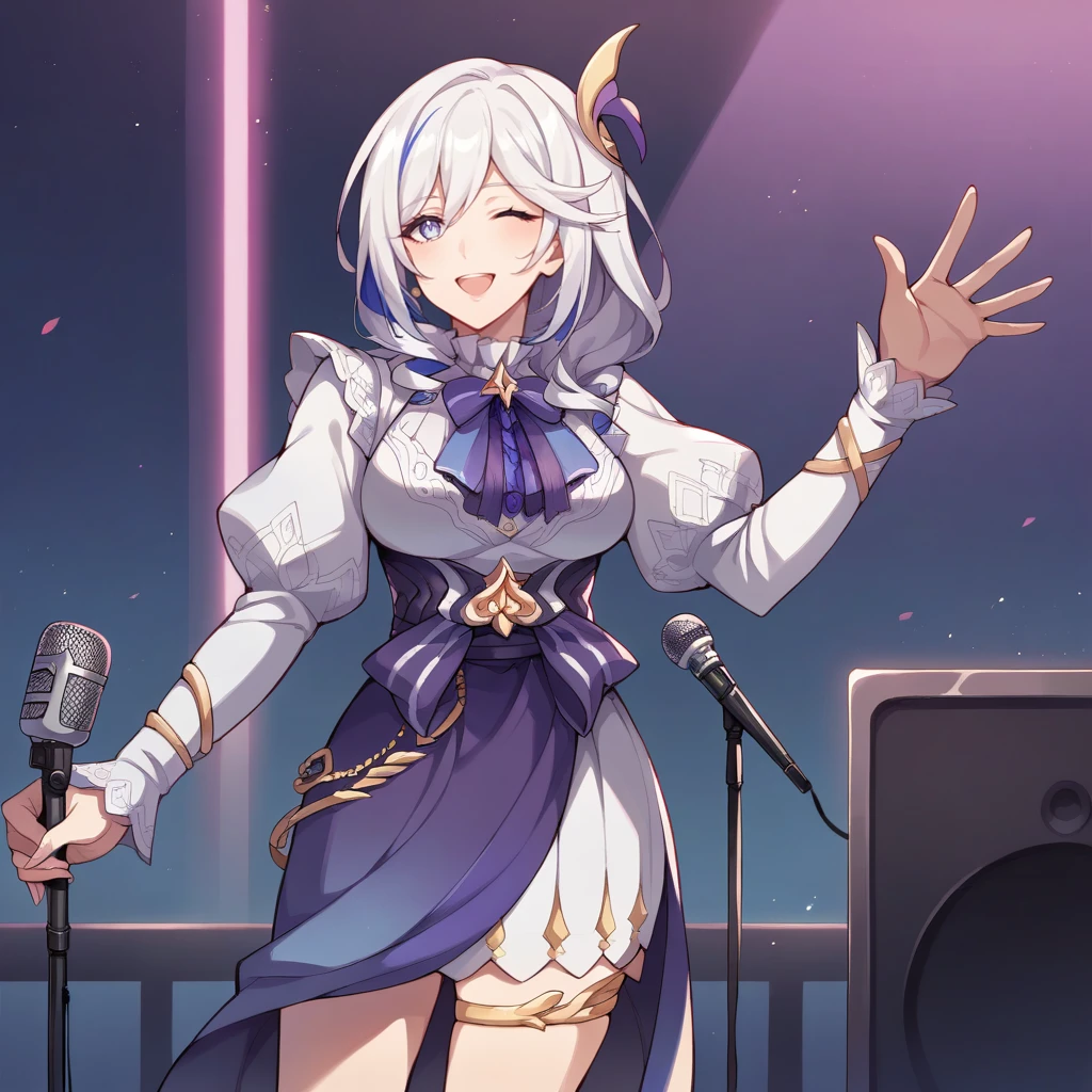 score_9_up, score_8_up, score_7_up, source_anime, 1girl, solo, mature body, concert hall, indoors, neon lights, spotlights, standing, holding microphone, waving, smile, open mouth, slight blush, wink, Shariac, DW_Idol, streaked hair, blue hair, blue eyes, white hair, drill hair, long hair, dress, white dress, two-tone skirt, purple skirt, white skirt, gold thigh strap, side slit, juliet sleeves, white sleeves, frilled sleeves, jewelry, high-waist skirt, long skirt, frilled collar, purple bow, neck ribbon, purple ribbon, side ponytail, dynamic cowboy shot, 