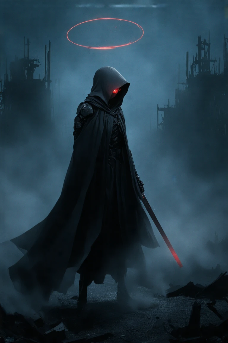 nihei humanoid robot clad in a dark, hooded cloak that billows in the wind, suggesting movement. The robot's head is shrouded in shadows, with a single glowing red eye visible through the hood. A circular red light hovers above its head, adding a mystical aura. The nihei robot's body is sleek and metallic, with visible joints and mechanical parts, giving it a cybernetic appearance. It holds a nihei sword in its right hand, which emits a faint glow.

The background is a dark, smoky environment with industrial ruins and debris scattered around, indicating a post-apocalyptic or nihei war-torn setting. The sky is a deep, ominous blue, with a few wisps of smoke and a faint, glowing red light in the distance. The overall color palette is dominated by dark blues and grays, with subtle hints of red and orange from the nihei robot's eye and the glowing light. The textures are highly detailed, from the intricate nihei metalwork on the robot's armor to the rough, broken structures in the background. The nihei scene is rich with dramatic lighting and shadows, enhancing the sense of mystery and danger.