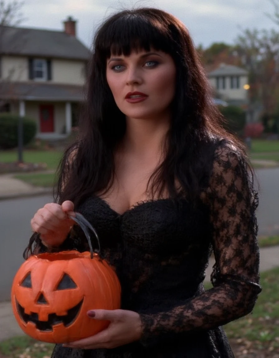 Xena, xena-eyes, dressed as a sexy vampire for Halloween, she is holding a pumpkin-shaped candy basket, dark red lipstick, smokey eyeshadow, black lace dress, long sleeves, neighborhood in background   <lora:flux_xena_640_newest:1.5>