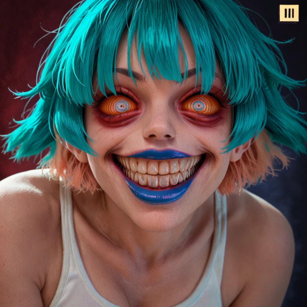 Gruesome and spooky details、An atmosphere full of suspense and tension、Psychological horror、Cute Smile、Clowns and circus atmosphere、A terrifying moment、Psychedelic dream scenario、Alice in Wonderland、Enthusiastic atmosphere、Mischievous Smile、Expressive gestures、Comical movement、Rainbow Hair、Leopard print underwear,sexy,Small bra and panties、
