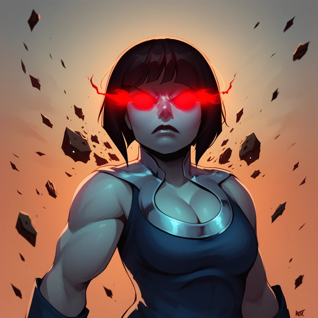 score_9_up, score_8_up, BREAK, LadyDarkseid, 1girl, solo, black hair, short hair, no pupils, red sclera, red glowing eyes, muscular, blue dress, cleavage, upper body,  <lora:LadyDarkseid_PXL_Leaf3:1>, debris,