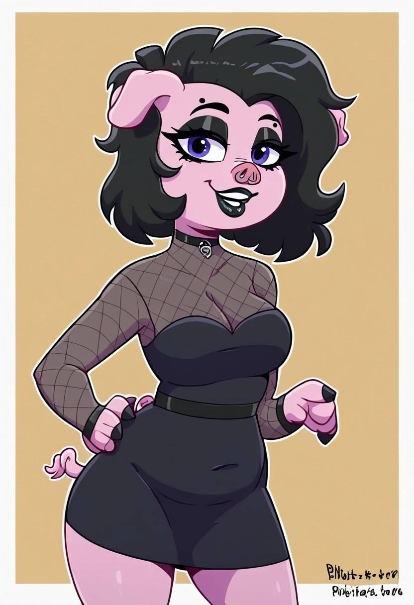Un dibujo de caricatura de una mujer con un vestido negro con orejas de cerdo, Hembra Fursona, oc commission, High Resolution Commission furry, vestido, Arte peludo!!!, Hembra peluda mini estilo lindo, Coletas, Arte de Fursona, Thicc, Arte Antro, cerda, rosa, gotica, cerda salvaje, animal de granja cerdo