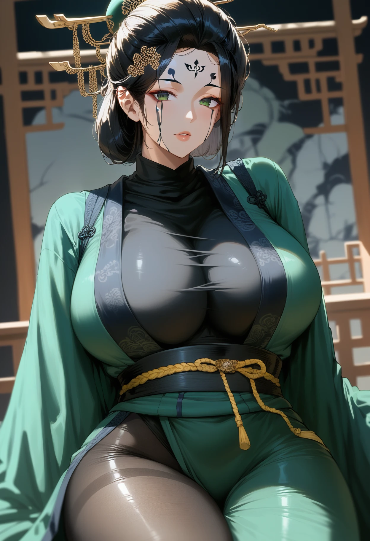 score_9,score_8_up,score_7_up,source_anime,2d,

1girl,simeipony,single hair bun, forehead mark, facial tattoo, dress, chinese clothes, black hair,pale skin,solo, huge breasts,black leotard,long sleeves,hair ornament,[green dress],mature female, 