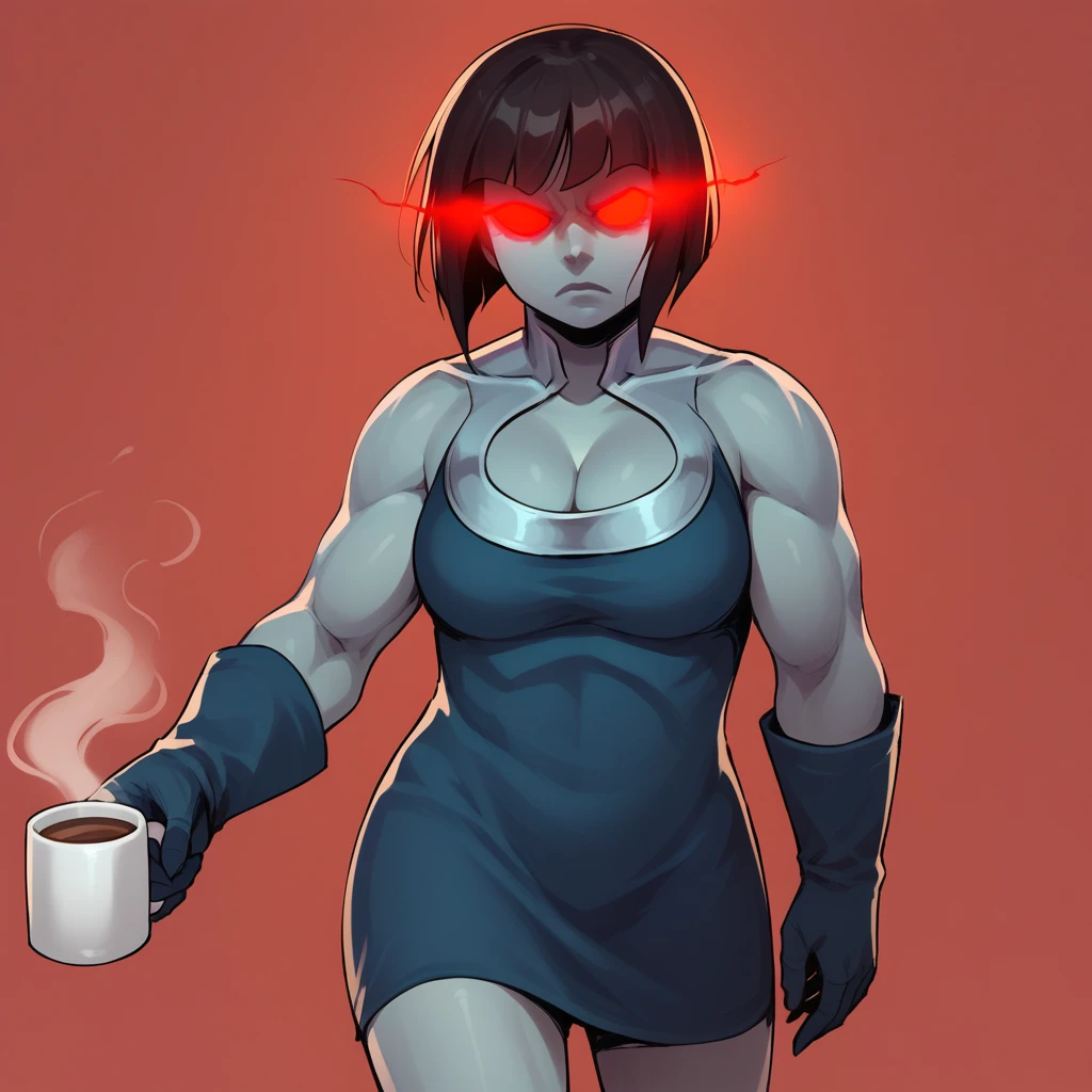 score_9_up, score_8_up, BREAK, LadyDarkseid, 1girl, solo, black hair, short hair, no pupils, no sclera, red glowing eyes, muscular, blue dress, cleavage, short dress, gloves, cowboy shot,<lora:LadyDarkseid_PXL_Leaf3:0.8>, red background, coffee mug,