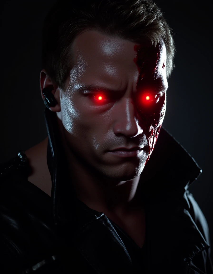 UHD, 4k, ultra detailed, cinematic, a photograph of  <lora:1984 Film style (The Terminator) v1:0.9> 1984 Film style
In the 1980's Terminator a man with blood on his face and a bloody cyborg red eye, epic, beautiful lighting, inpsiring