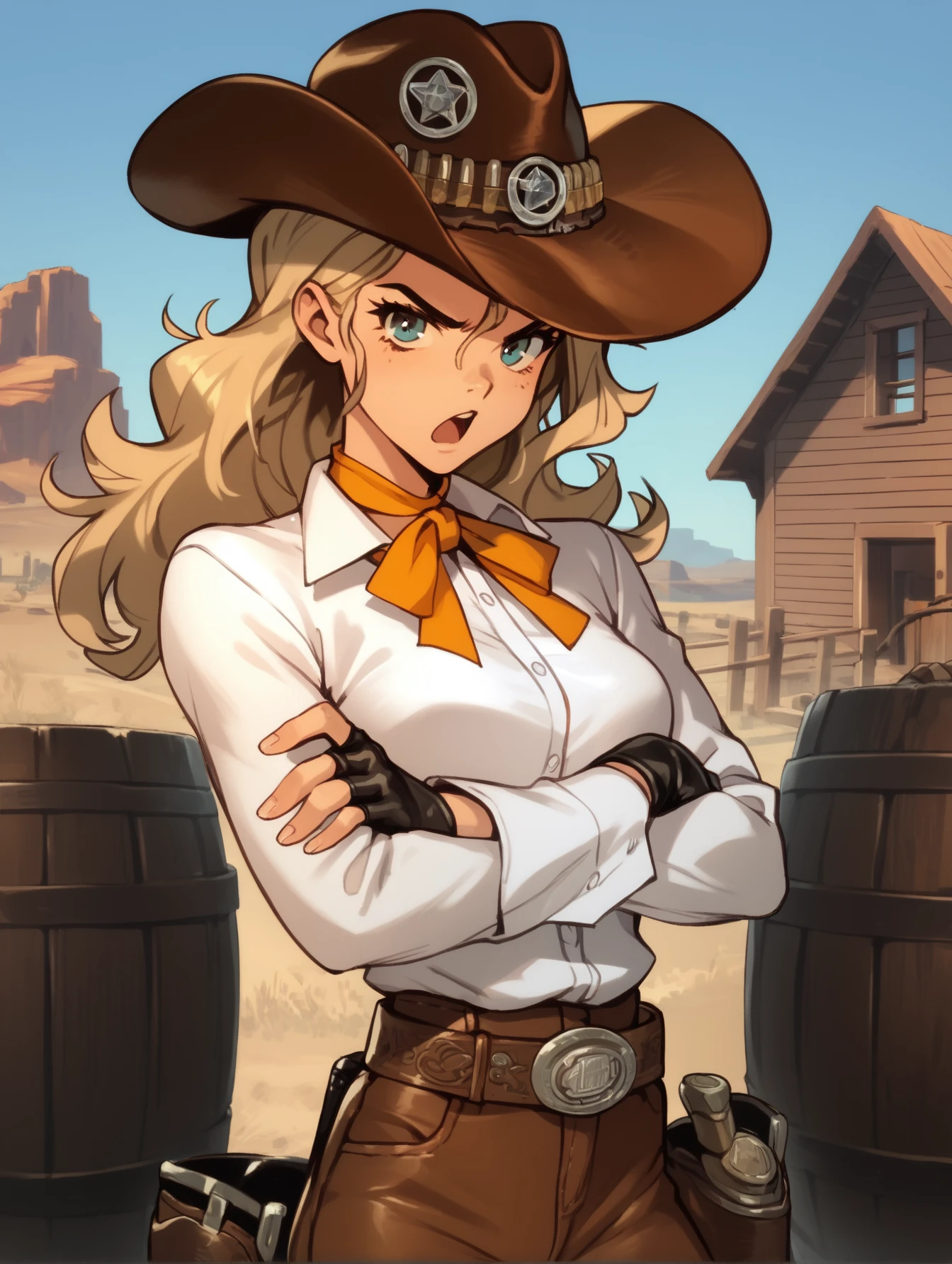 score_9, score_8_up, score_7_up, <lora:juliona-ponyxl-000030:0.9> jul1i0na, cowboy hat, white shirt, neck ribbon, long sleeves, fingerless gloves, belt, pants, cowboy boots, barrel, open mouth, looking at viewer, annoyed, crossed arms