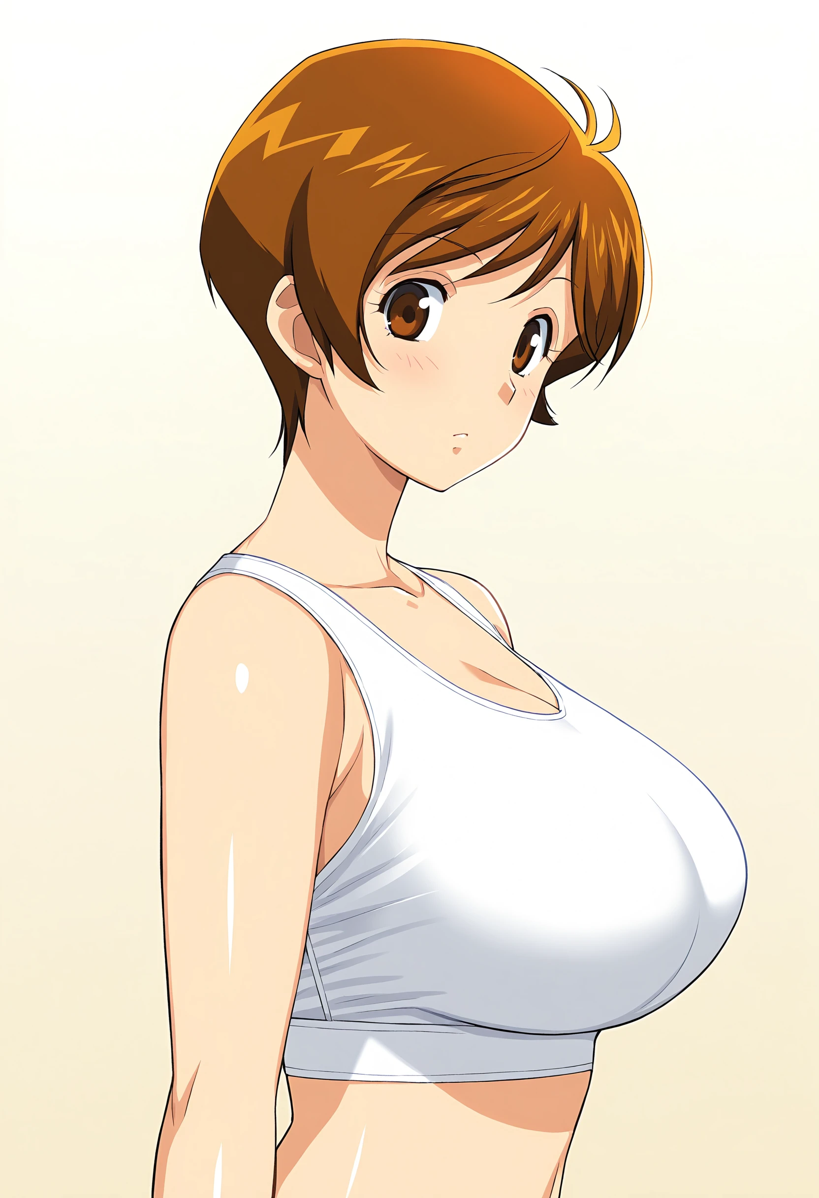 masterpiece, highest quality, High resolution, One girl, alone, sexual intercourse, Pornographic images, short hair, etsukoto, Brown eyes, fine grain, fine grain, (((Thick thighs, Plump thighs, Voluptuous thighs, Thighs alone are enough))), Huge and ample breasts, Cleavage, Huge long breasts, Naughty big,((Big breasts are important))、((Naughty thighs)), L Cup, (thin:1.4),(Tight waist:1.4), (Yellow Dress:1.4), ((white waist apron)), White panties, anguish, :o, blush, (((Simple Background))), ((Wide Hips)), Shiny, Oily skin, Mature mother, Calf, Seductive mature woman, Perfect body, Plus Size Model, etsukoto, blush, clavicle, retro artstyle, 1990s (style), ((bare breasts)), nsfw,