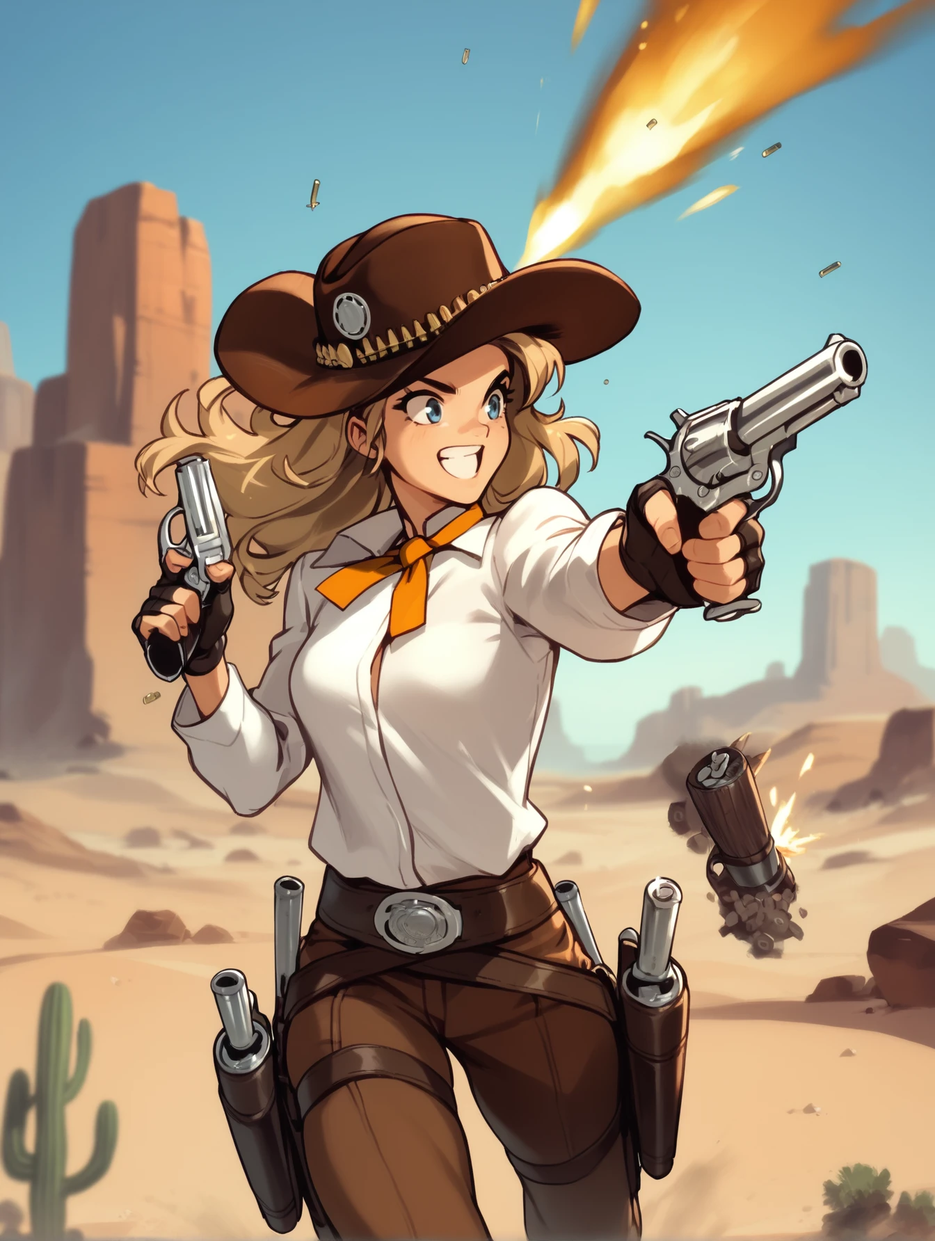 score_9, score_8_up, score_7_up, <lora:juliona-ponyxl-000030:0.9>  jul1i0na, cowboy hat, white shirt, neck ribbon, long sleeves, fingerless gloves, holster, belt, pants
1girl, smile, revolver, running, explosion, desert, cactus, bullet, motion blur