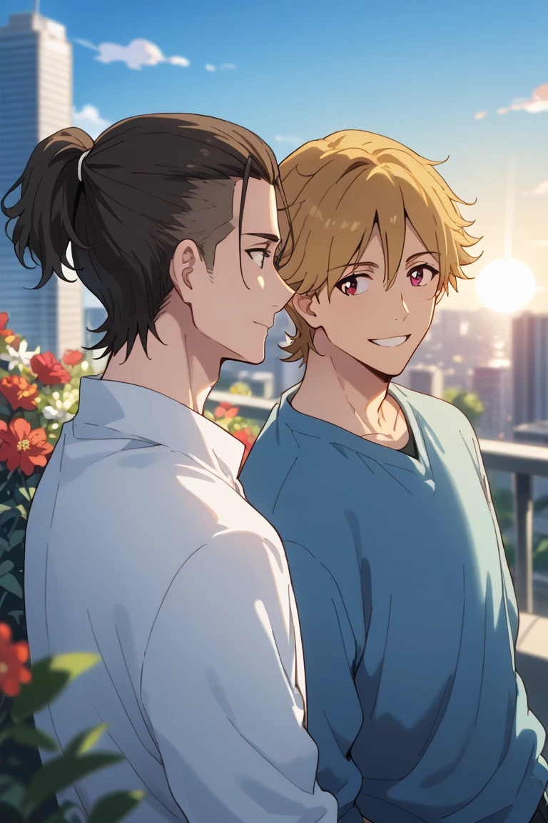 score_9, score_8_up, score_7_up, source_anime, rating_questionable, day, natural lighting, sun, flowers, spring theme, gay couple focus, looking away, smiling, ReiBD, black-grey_Rei_short ponytail, blue_Rei_2ndmale eyes, closed mouth, 2ndboy, KazukiBD, yellowish brown_Kazuki_1stmale hair, red_Kazuki_1stmale eyes, teeth, 1stboy, blurry outdoors cityscape, scenery, from side, from above, dutch angle, intricately detailed illustration, atmospheric perspective, depth of field