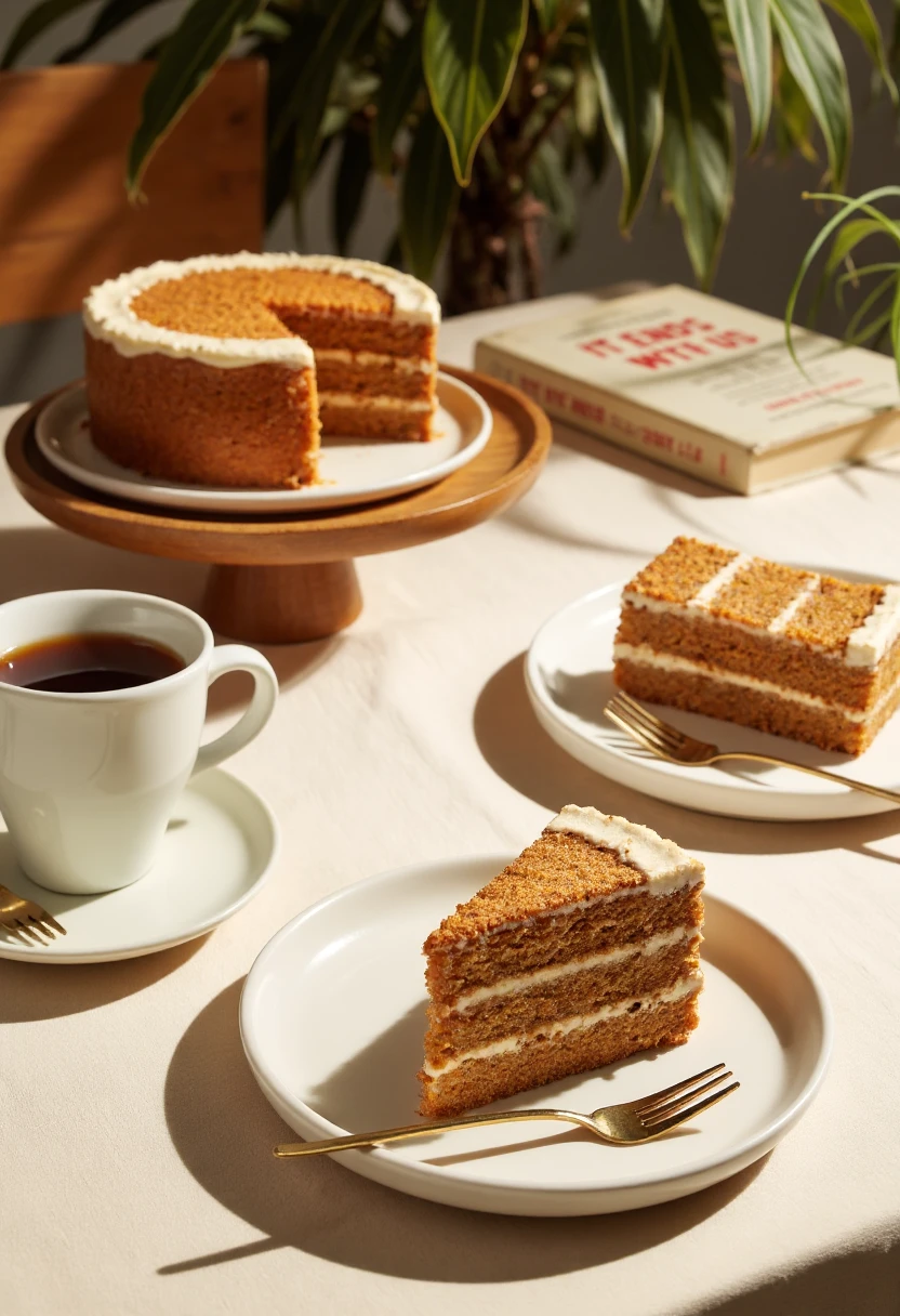 A photograph depicts a rustic, sunlit table setting. A white ceramic plate with a single slice of golden-brown carrot cake with cream cheese frosting sits on a white plate, next to a fork. To the left, a white coffee cup with a saucer holds a dark beverage, with a small, elegant spoon. In the background, a wooden cake stand holds a whole slice of the same cake. A beige cloth covers the table, and a closed book titled "It Ends With Us" rests to the right. A small plant with green leaves adds a touch of nature.