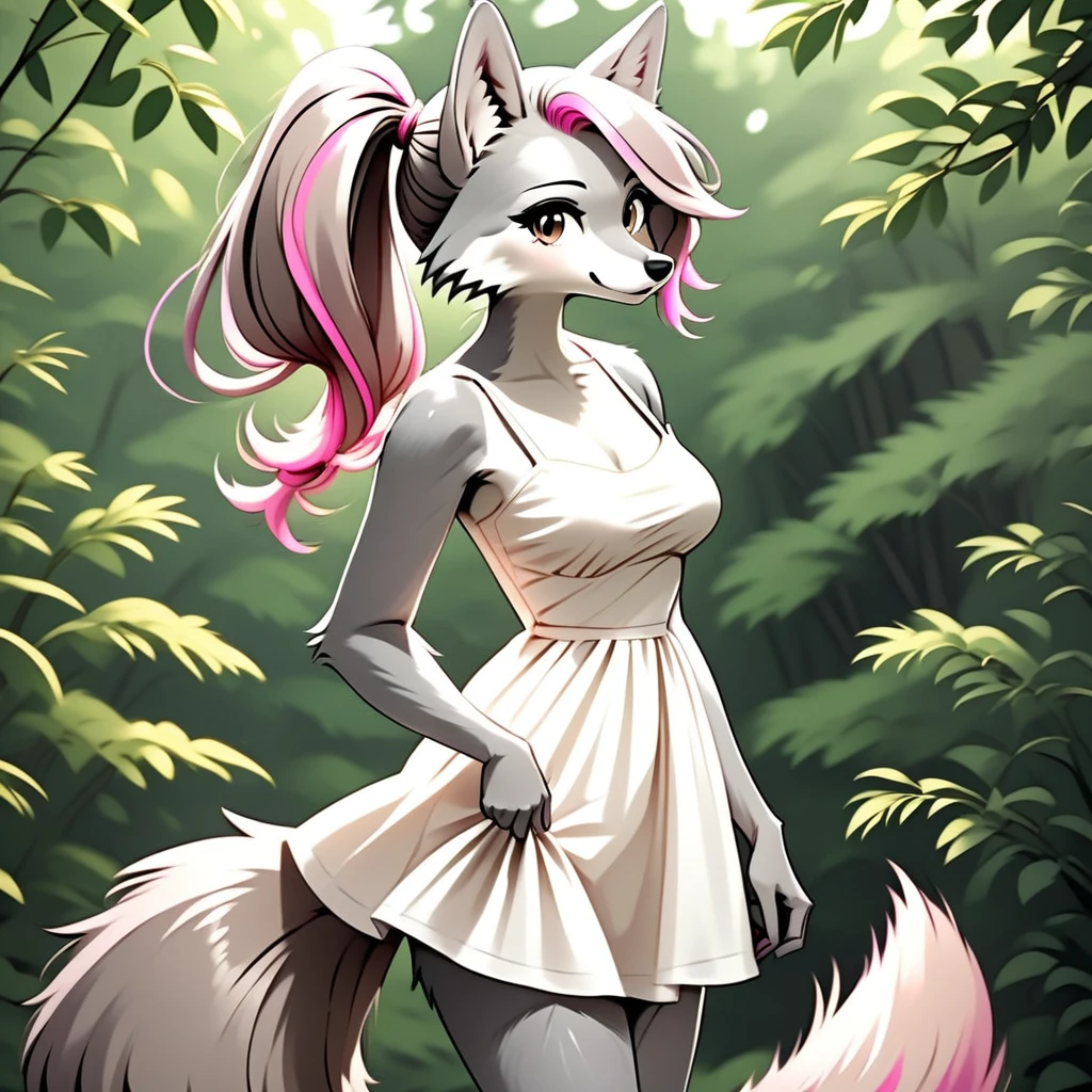 score_6_up, 1girl, solo, anthrofurry, Trixie, tall, attractive, wolf girl, grey wolf ears, light brown eyes, side swept, long grey hair, pink highlights, ponytail, medium breasts, wolf tail, wearing white sundress, outdoors standing in the forest looking at viewer