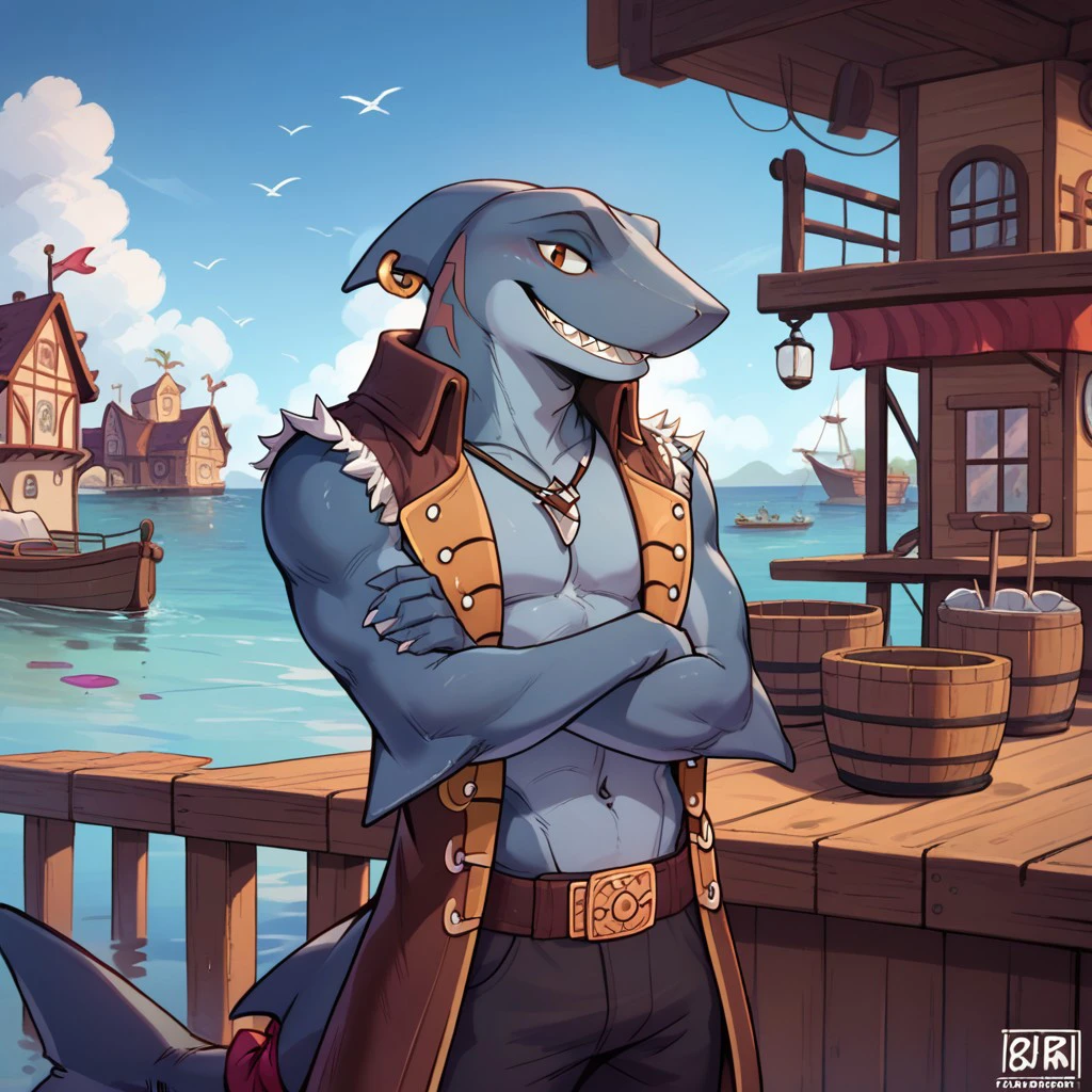 score_9_up, score_8_up, score_7_up, slade, shark, male, furry, blue body, two-tone body, fin piercing, tailband, open vest, pants, belt, shark tooth necklace, half-body, half body shot, waist up, crossed arms, looking at viewer, smile, sharp teeth, outdoors, port town, wooden dock, water, boats, birds, coastal town