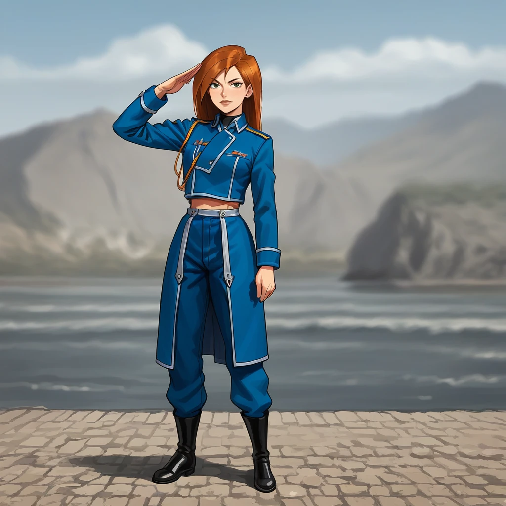 score_9, score_8_up, score_7_up, score_6_up, score_5_up, score_4_up, zPDXL2,source_anime,rating_questionable, 1girl, solo, outdoors, salute, looking at viewer, standing, kim possible <lora:amestris_military_uniform:0.8> 4msUn1,  blue military uniform, boots, blue pants, black footwear, long sleeves, aiguillette, blue jacket