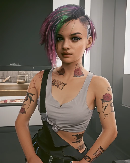 (masterpiece:1.2),(best quality:1.2),(high resolution:1.2) CyberJudy, 1girl, solo, looking at viewer, short hair, asymmetrical hair, undercut, pants, tattoo, tank top, arm tattoo, multicolored hair, pink hair beautiful, cute, delicate, artgerm, artstation, by W, <lora:Judy_Alvarez_SD15:0.7>