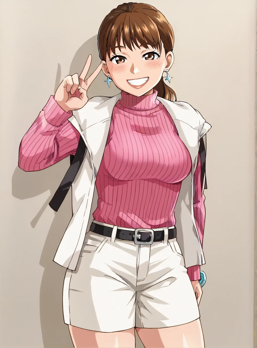 score_9, score_8_up, score_7_up, score_6_up, source_anime, ((anime screencap)), uncensored    (anime coloring), <lora:Mira_Shifuto_Boonboomger:0.7>mirashifutoxl,solo, 1girl, brown hair, smile, shorts, sweater, turtleneck, white shorts, earrings, belt, jewelry, brown eyes, pink sweater, jacket thick thighs,    indoors,, looking at viewer,,v_sign