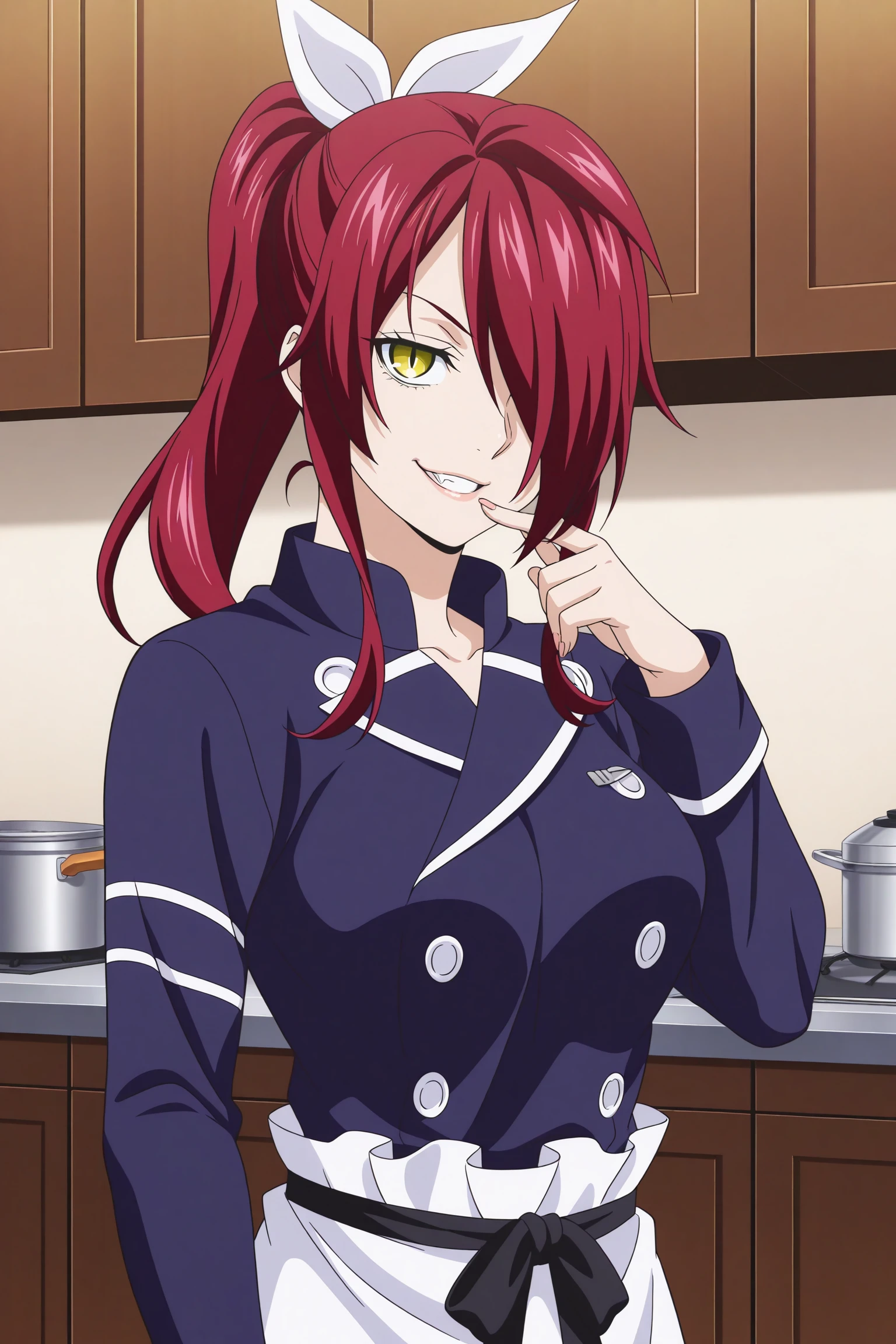 1girl, looking at viewer, indoors, kitchen, masterpiece, best quality, amazing quality, highres, absurdres, very aesthetic, high resolution, ultra detailed, perfect details, smile, smirk, teeth, medium breasts, kobayashi rindou, long hair, red hair, wavy hair, yellow eyes, hair over one eye, slit pupils, chef, ponytails, white hair ribbon, blue uniform, blue jacket, long sleeves, sleeves past wrists, blue pants, white apron, black waist ribbon, black shoes, <lora:Rindou_Kobayashi_ILXL:0.8>, (mature female:1.3), (upper body:1.2), (official_wallpaper:1.5),