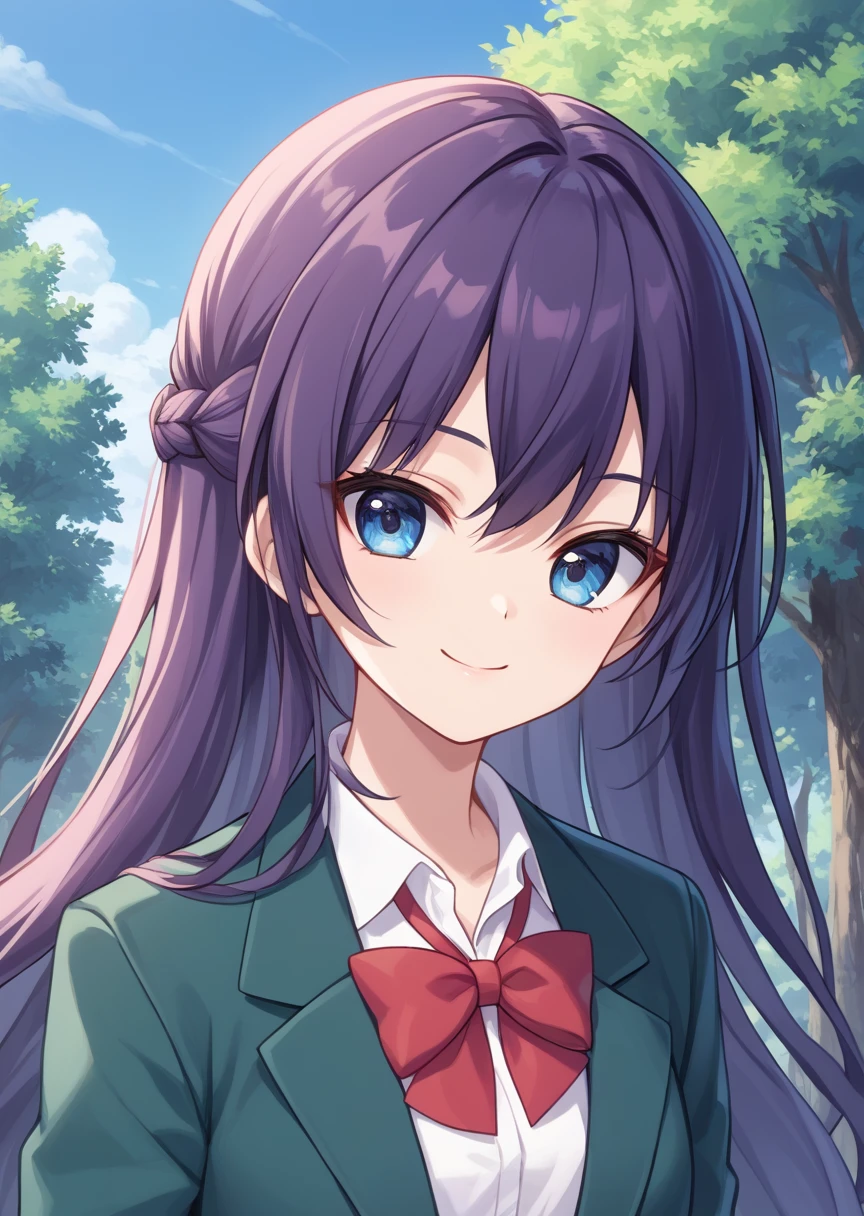 score_9, score_8_up, score_7_up, score_6_up, score_5_up, BREAK
Alm4, Human, female, source_anime, 1girl, solo, long hair, looking at viewer, smile, blue eyes, shirt, bow, school uniform, jacket, upper body, purple hair, red bow, tree, green blazer