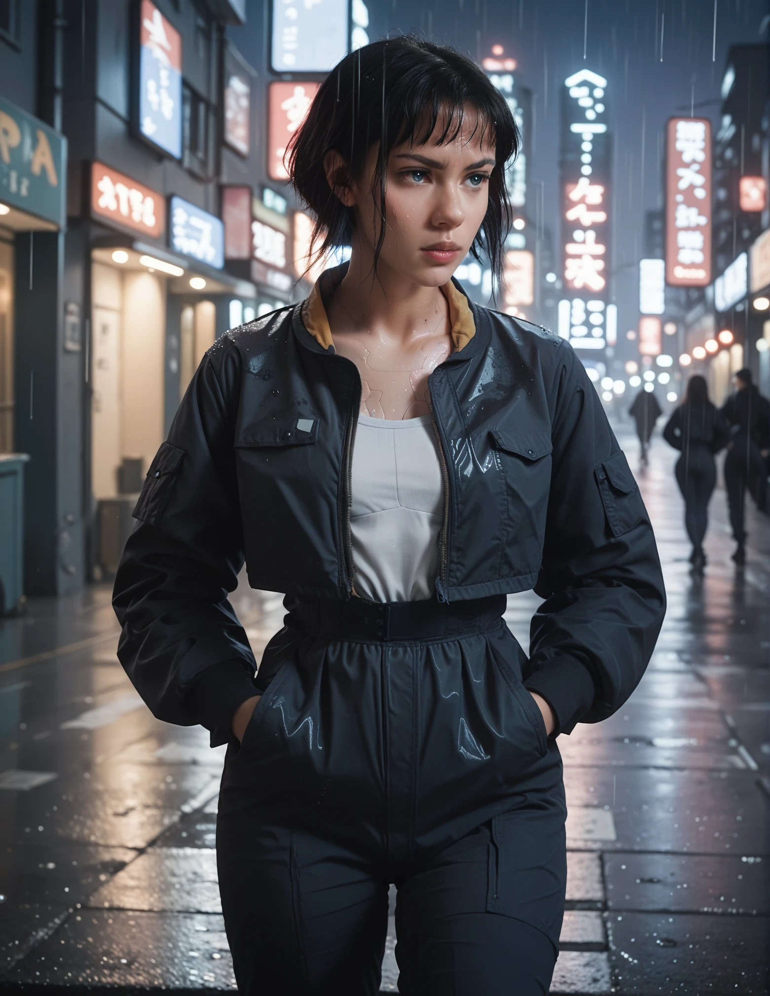 1girl, solo, black hair, blue eyes, perfect waist, dark, night, cyberpunk, jacket, hands on pockets, rain, high contrast, cyborg, athletic, looking to the side <lora:Major_V2:0.8> m4jor_v2 <lora:Dramatic lights_PONY_0.2:0.4> dramatic lighting, score_9, score_8_up, score_7_up, score_6_up