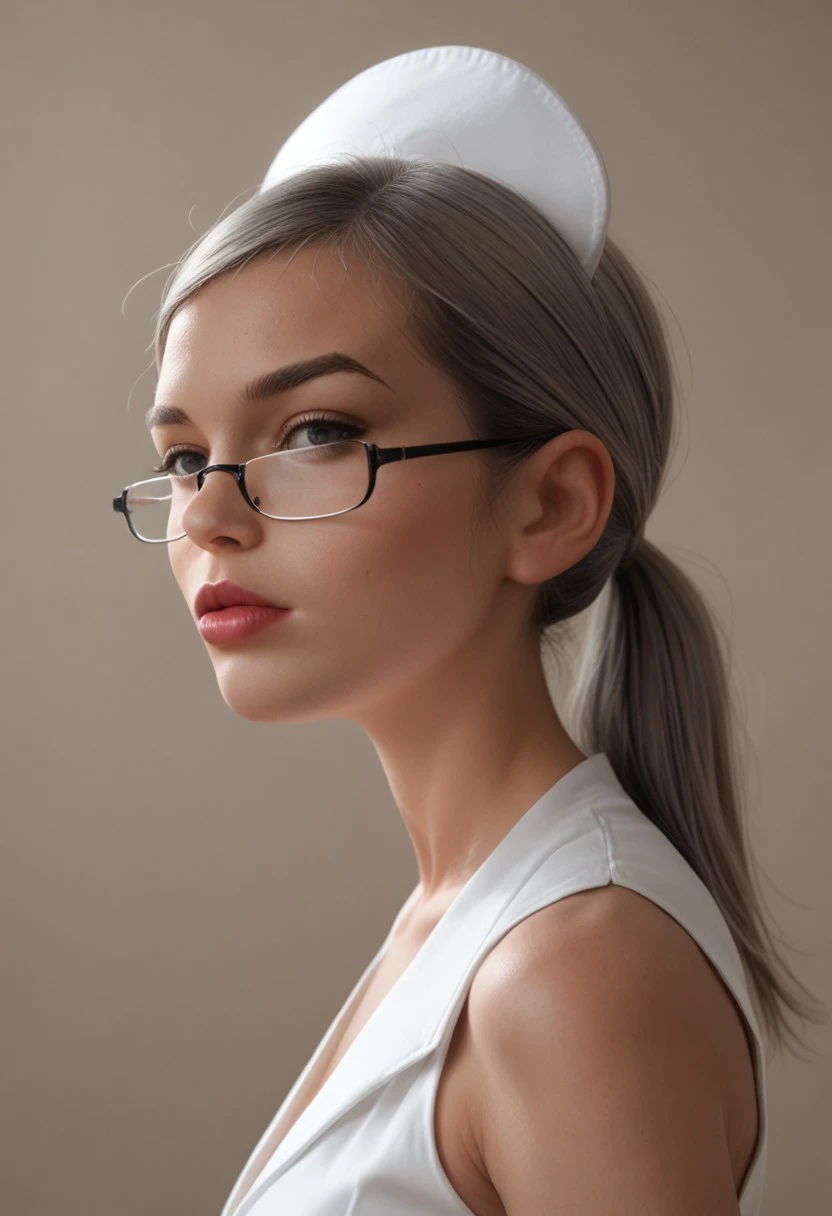 score_9, score_8_up, score_7_up, score_6_up, source_cartoon, source_safe, raw, realistic, 2d, cowboy portrait, face focus, side profile,
N1ght_Nur53, 1girl, semi frameless eyewear, grey eyes, white thighhighs,  lips, hat, white dress, nurse, grey hair, ponytail,