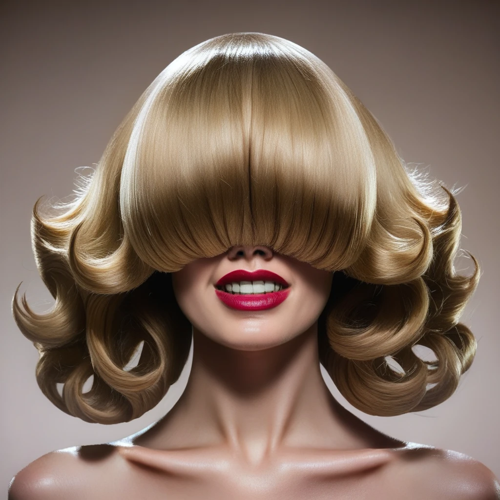 superh41rfutur1st1c,SuperHairFuturistic,Super Hair Futuristic Hair, 1girl, solo, smile, blonde hair, bare shoulders, collarbone, upper body, nude, parted lips, teeth, medium hair, grin, lips, makeup, lipstick, portrait, curly hair, realistic, hair over eyes, covered eyes