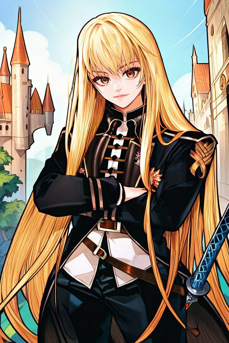 zPDXL3, score_9_up, score_8_up, score_7_up, Anime_source,  1girl, mookhyang, blonde hair, long hair, bangs, long sleeves, very long hair, jacket,cowboy shot, belt, pants, black pants, sword ,  brown eyes, looking at viewer, Castle background, outdoor