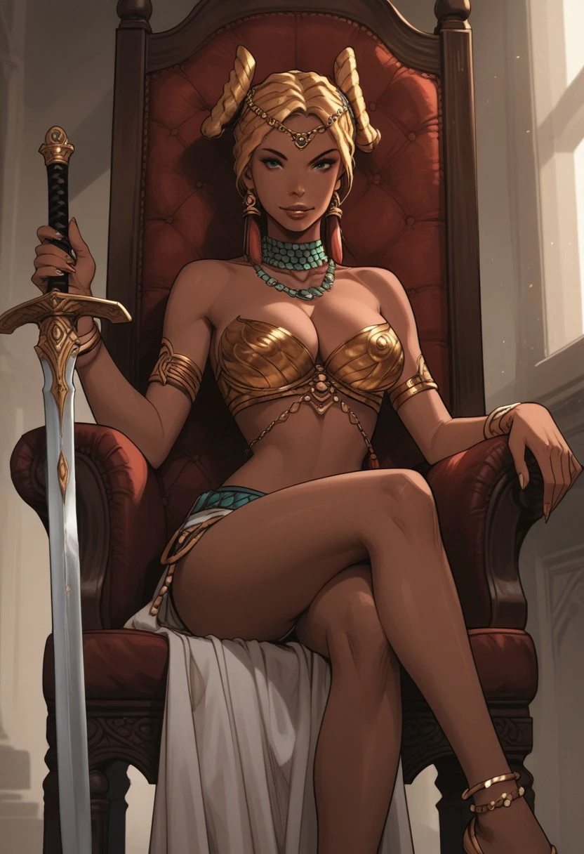 score_9, score_8_up, score_7_up, granit, 1girl, weapon, sword, solo, jewelry, sitting, dark-skinned female, dark skin, crossed legs, cleavage, chair, necklace, large breasts, smile, anklet, looking at viewer, earrings, sword, holding sword, golden bra, loincloth