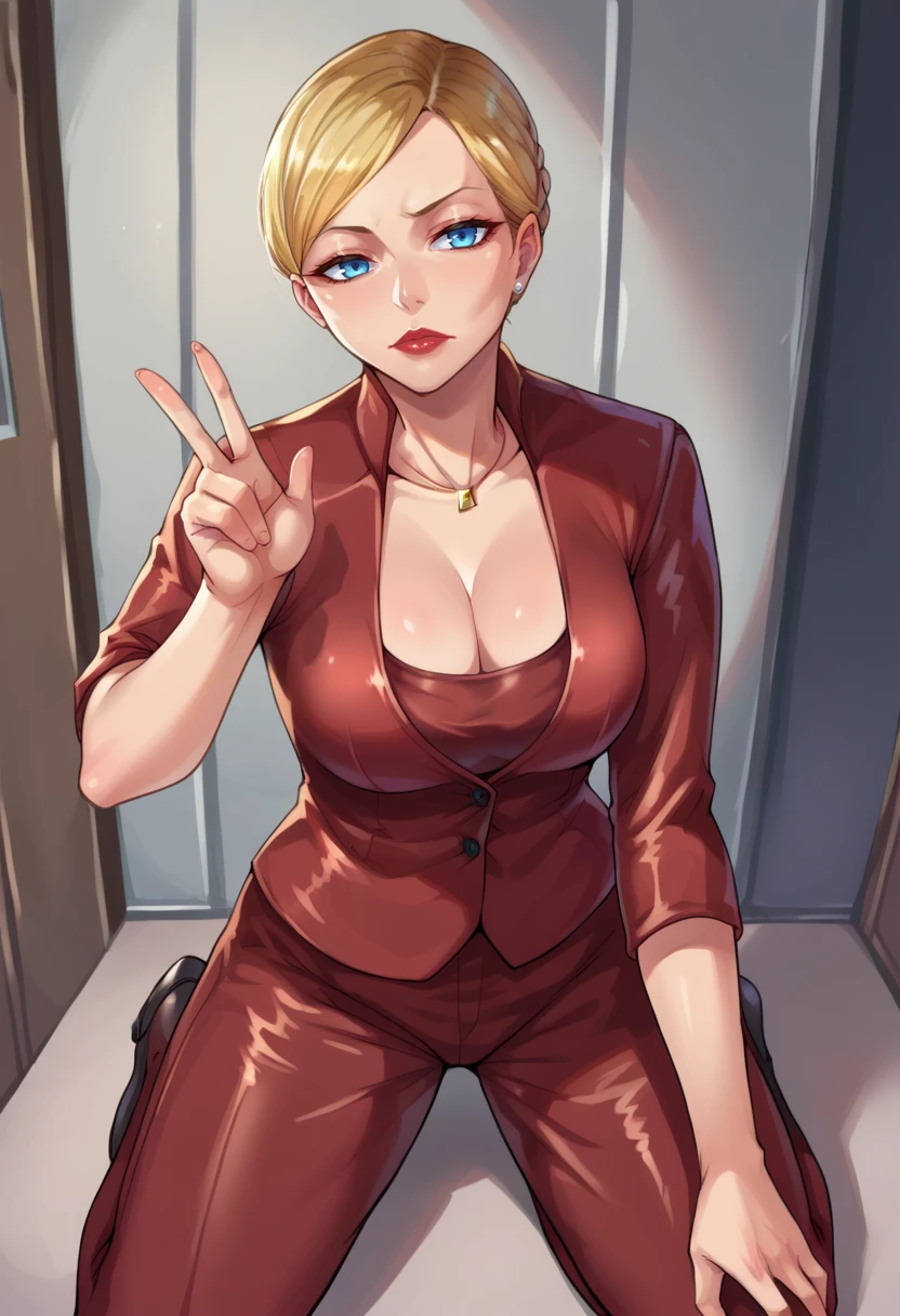 score_9,score_8_up,score_7_up BREAK <lora:T-X:1>,T-XSDXL,solo,1girl,short hair,blue eyes,blonde hair,cleavage,jewelry,jacket,pants,necklace,lips,formal,suit,lipstick,cowboy shot,room,room background,kneeling,v,