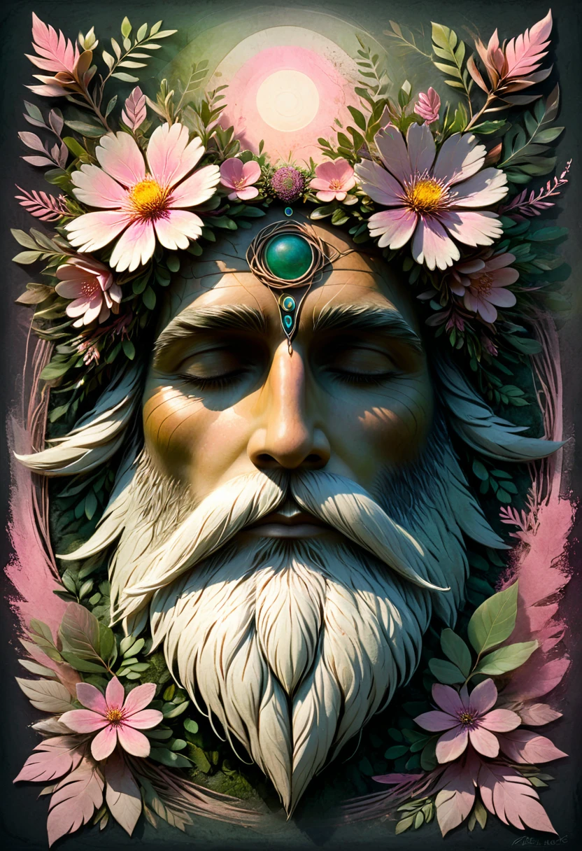 class character concept print, male, Druid, earthy, flower-wreathed, nature-bound, peaceful presence, spiritual, chalk, suede, illusionism style, Gradient Lighting, shades of pink, crosshatch pattern, depth map effect, bevel accents, abstract, polished texture, glazed finish  <lora:artfully_CHARECHELIER:1>,