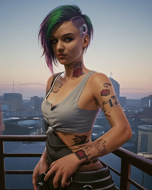 (masterpiece:1.2),(best quality:1.2),(high resolution:1.2) CyberJudy, 1girl, solo, looking at viewer, short hair, asymmetrical hair, undercut, pants, tattoo, tank top, arm tattoo, multicolored hair, pink hair beautiful, cute, delicate, artgerm, artstation, by W, <lora:Judy_Alvarez_SD15:0.7>