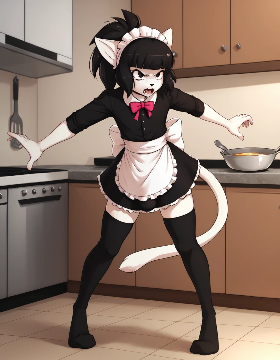 kitchen, 
Mercy,1boy,solo,furry male,animal ears,black hair,cat ears,furry,cat tail,black eyes,ponytail,body fur,blunt bangs,
full body,long eyelashes,
maid, maid headdress, thighhighs, bulge, 
angry, screaming, 
<lora:Mercy_v01_PDXL:1>,