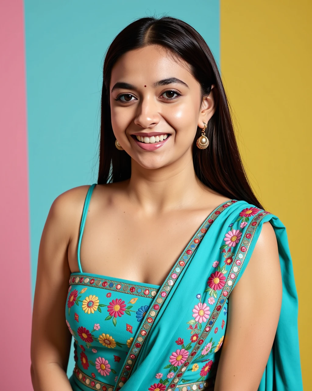 full body photo of a Keerthy Suresh woman,candid photo with natural colors, laughing expression on face,studio quality, wearing intricate conservative sleeveless Turquoise Bandhani Dress, straight hair, pastel shaded multicolored background, cinematic soft lighting<lora:TestBed\Keerthy_Suresh_2024_Flux_Kohya_V2.safetensors:1.0:1.0>