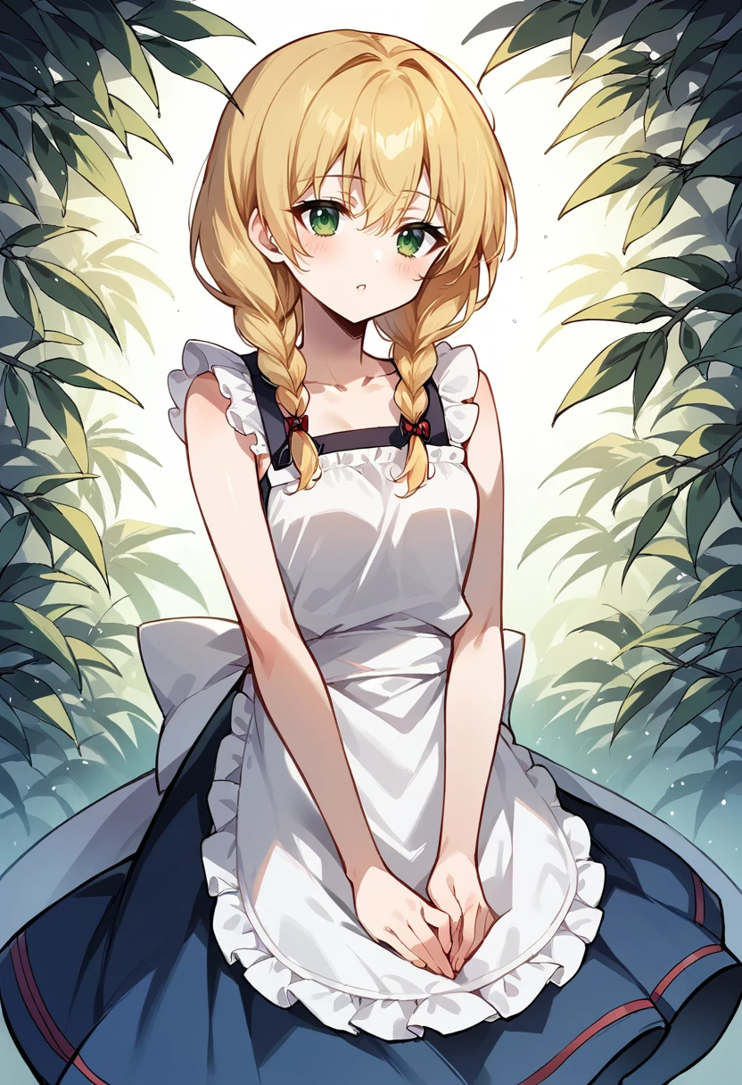 masterpiece, best quality, source_anime, uncensored, score_9, score_8_up, score_7_up, score_6_up, score_5_up, score_4_up, 1girl, solo, viola, blonde hair, twin braids, hair over shoulder, green eyes, expressiveh, sleeveless dress, dress, apron <lora:EllenViolaWitchHouse:0.8> <lora:add-detail-xl:0.5> <lora:cfg_scale_boost:0.5> <lora:Expressive_H:0.6>