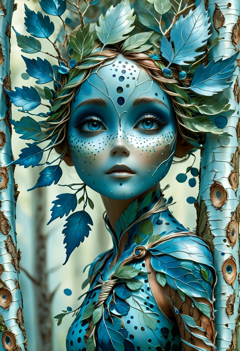 race character concept print, female, Dryad, bark-like skin, leaf hair, forest spirit, serene, tied to trees, natural, glass stain, satin, surrealism style, Depth of Field, shades of blue, polka dot pattern, depth map effect, shadow cast accents, asymmetrical, silky texture, pearlescent finish  <lora:artfully_CHARECHELIER:1>,