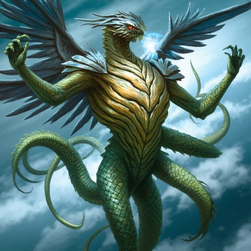 depicting a colossal, eldritch  dragon-like creature emerging from the sky. The creature has a serpentine body with armored, segmented scales that shimmer in hues of green and gold, resembling a mix of reptilian and metallic textures. Its head is elongated and humanoid, with a helmet-like structure, and glowing, ethereal light emanating from it, giving off an aura of power and otherworldliness.