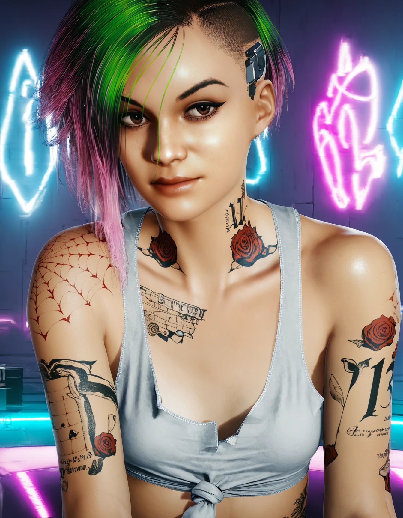 judy alvarez, 1girl, solo, tattoo, short hair, multicolored hair, green hair, looking at viewer, realistic, undercut, pink hair, two-tone hair, makeup, asymmetrical hair, eye makeup, brown eyes, arm tattoo,  <lora:Judy-Alvarez-Pony:0.9>
BREAK
level_9, level_8_up, level_7_up, level_6_up, level_5_up, source_cartoon, masterpiece 
BREAK
small breasts, indoor, neon lights,