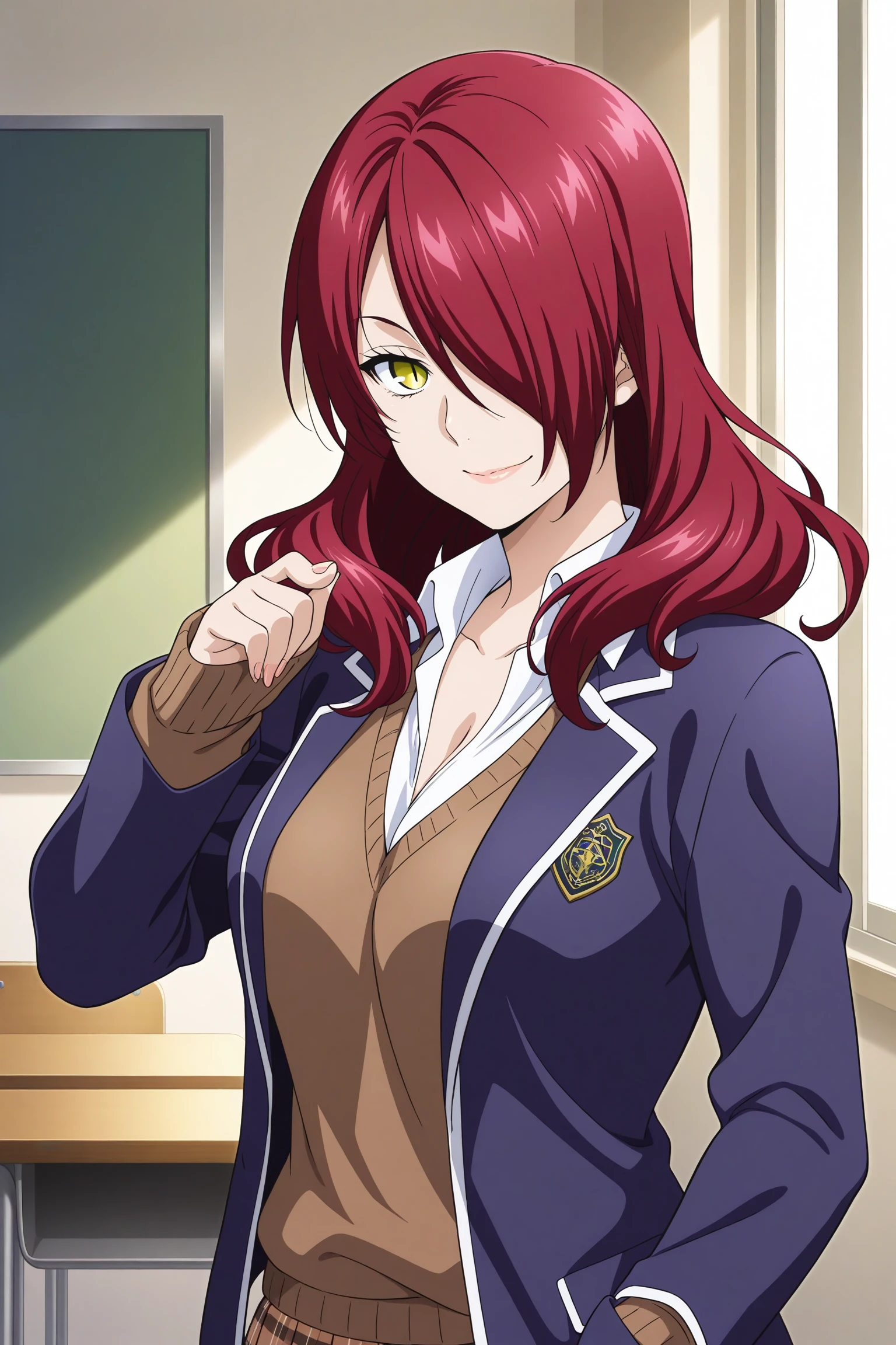 1girl, looking at viewer, indoors, classroom, masterpiece, best quality, amazing quality, highres, absurdres, very aesthetic, high resolution, ultra detailed, perfect details, smile, medium breasts, kobayashi rindou, long hair, red hair, wavy hair, yellow eyes, hair over one eye, slit pupils, school uniform, long sleeves, sleeves past wrists, blazer, blue jacket, white shirt, collared shirt, brown sweater, brown skirt, plaid skirt, pleated skirt, black kneehighs, loafers, <lora:Rindou_Kobayashi_ILXL:0.8>, (mature female:1.1), (upper body:1.2), (official_wallpaper:1.5)